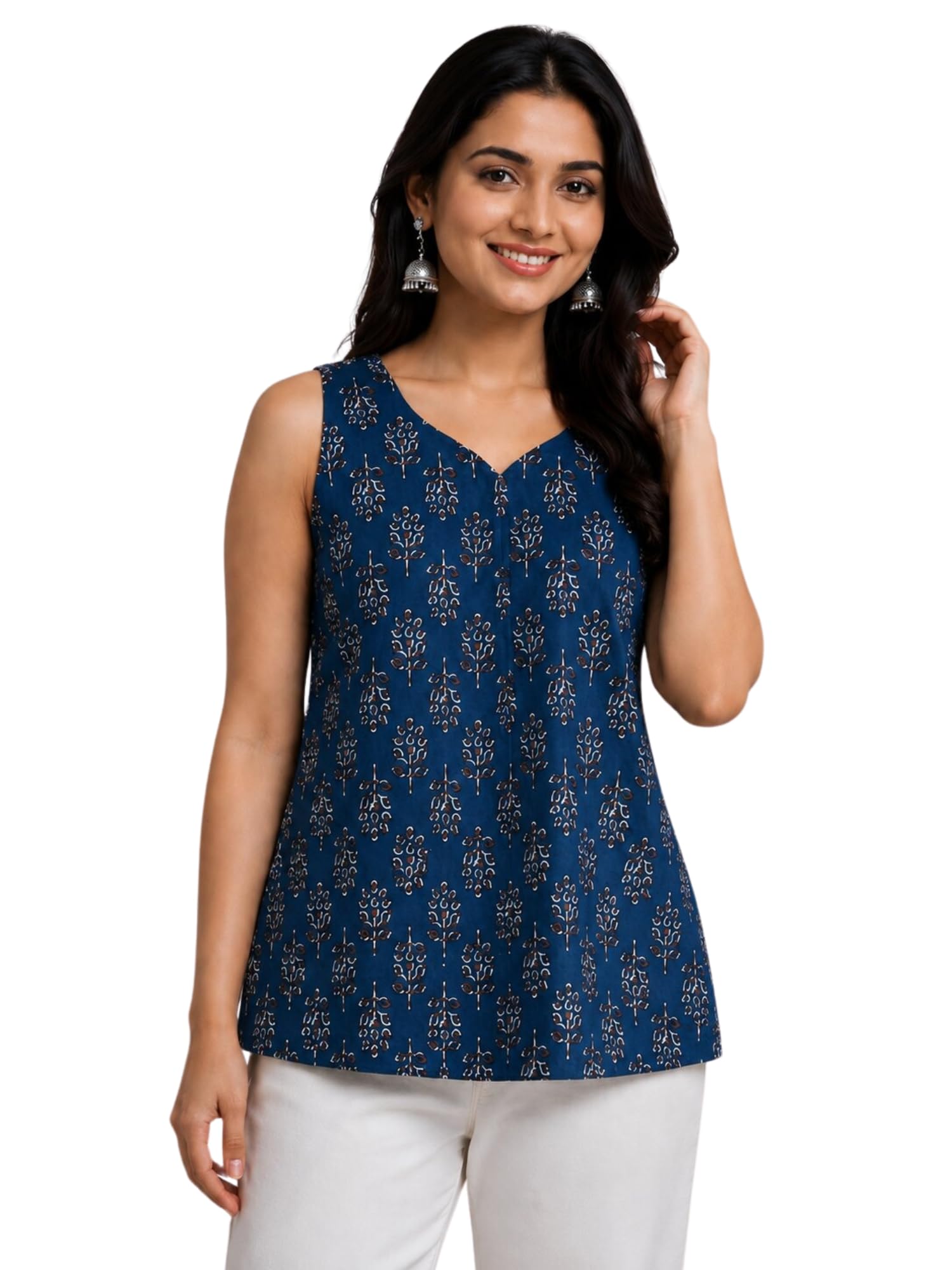 Rayon Floral Printed Short Kurti for Women | V Neck Kurti | Sleeveless Tunic Top | Summer Crop top for Women | Straight Kurta for Ladies | Regular Fit Summer Wear |-image-11