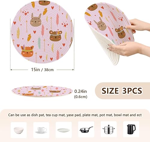 Miniatura 2 de 3 Pcs Trivet Table Runner Bohemian Boho Style Cute Cartoon Animals for Hot Dishes 15in Cotton Thread Weave Heat Resistant Hotpads for Stove Kitchen
