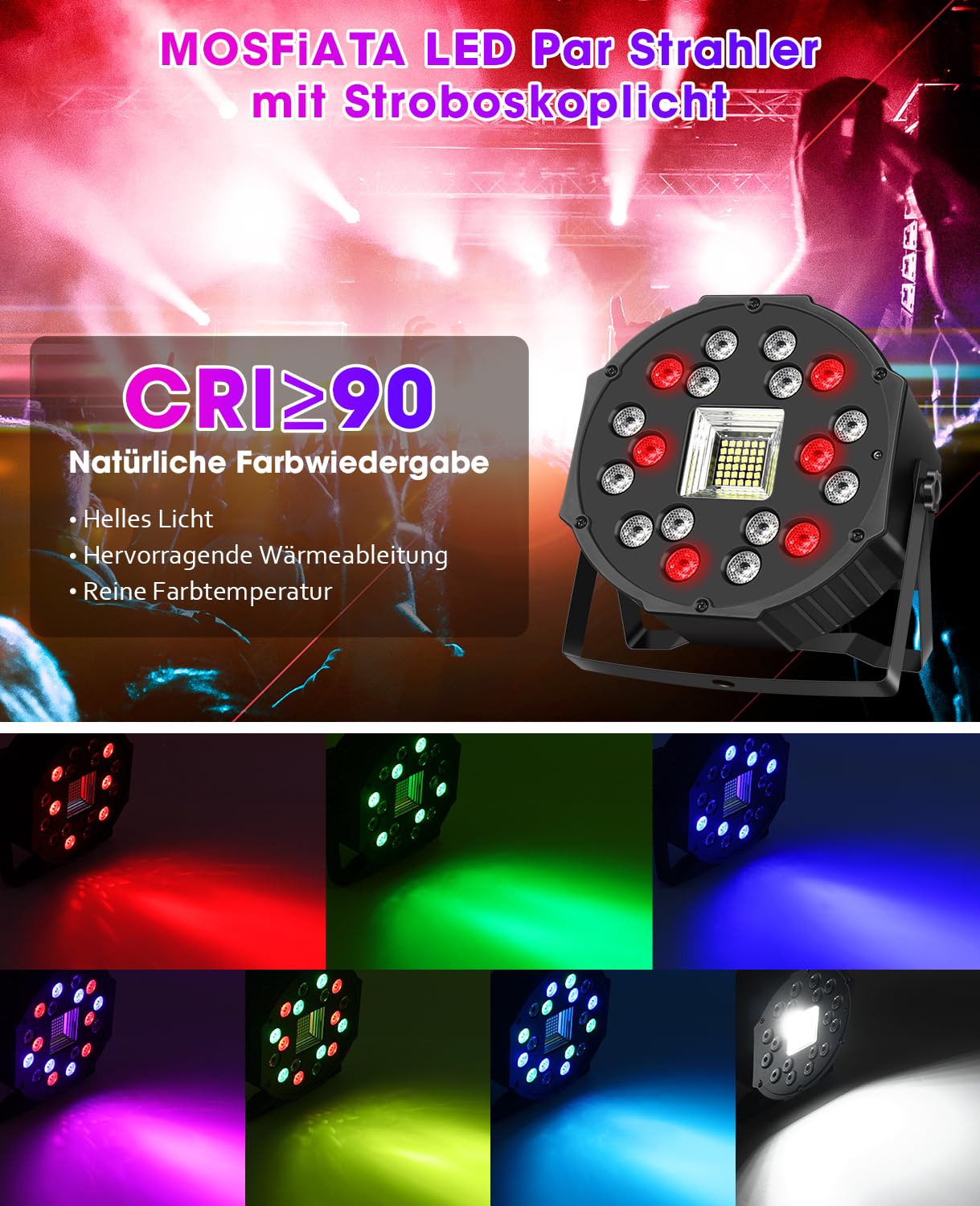 MOSFiATA Partylicht RGB LED Par Scheinwerfer Stroboskoplicht 2 in 1 Bühnenlicht Discolicht für Partys Disco DJ Hochzeiten Halloween Weihnachten, 2er Set