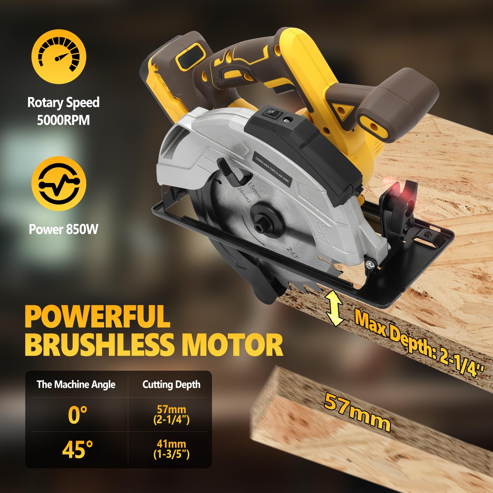 Kabellose Kreissäge kompatibel mit Dewalt 18/20 V Akku, elektrische Kreissäge mit 2 Klingen, 5000 U/min, Fasen 0-45°, zum Schneiden von Holz, Fliesen, Metall, Kunststoff