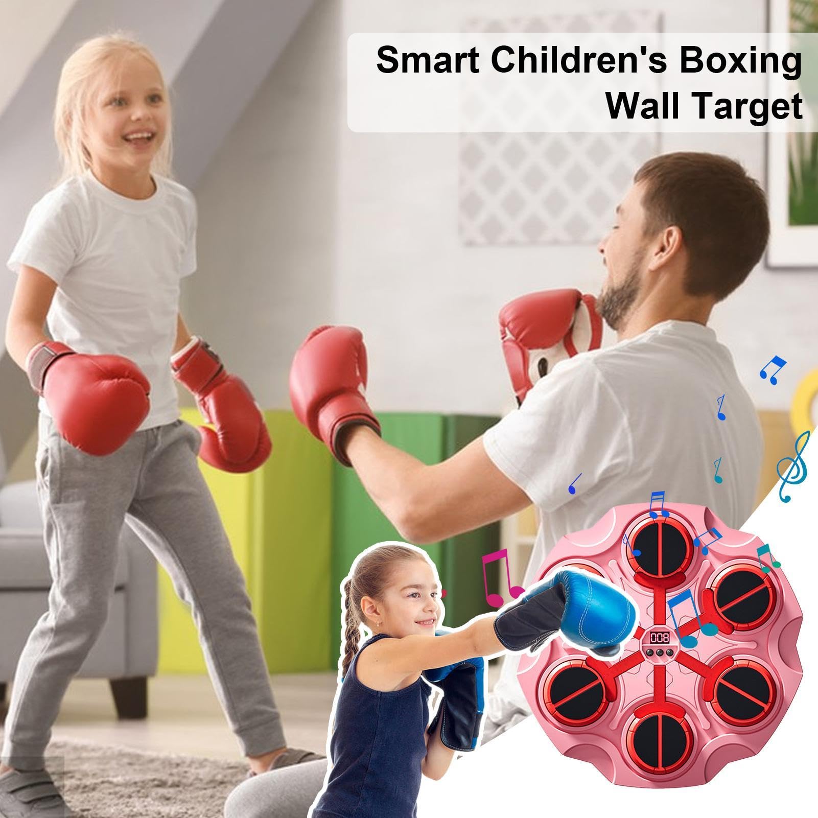 Set da boxe montato a parete, macchina da boxe musicale per bambini, giocattoli intelligenti da pugilare con guantoni da boxe | Giocattolo sportivo senza fili con luce e musica per bambini e ragazze