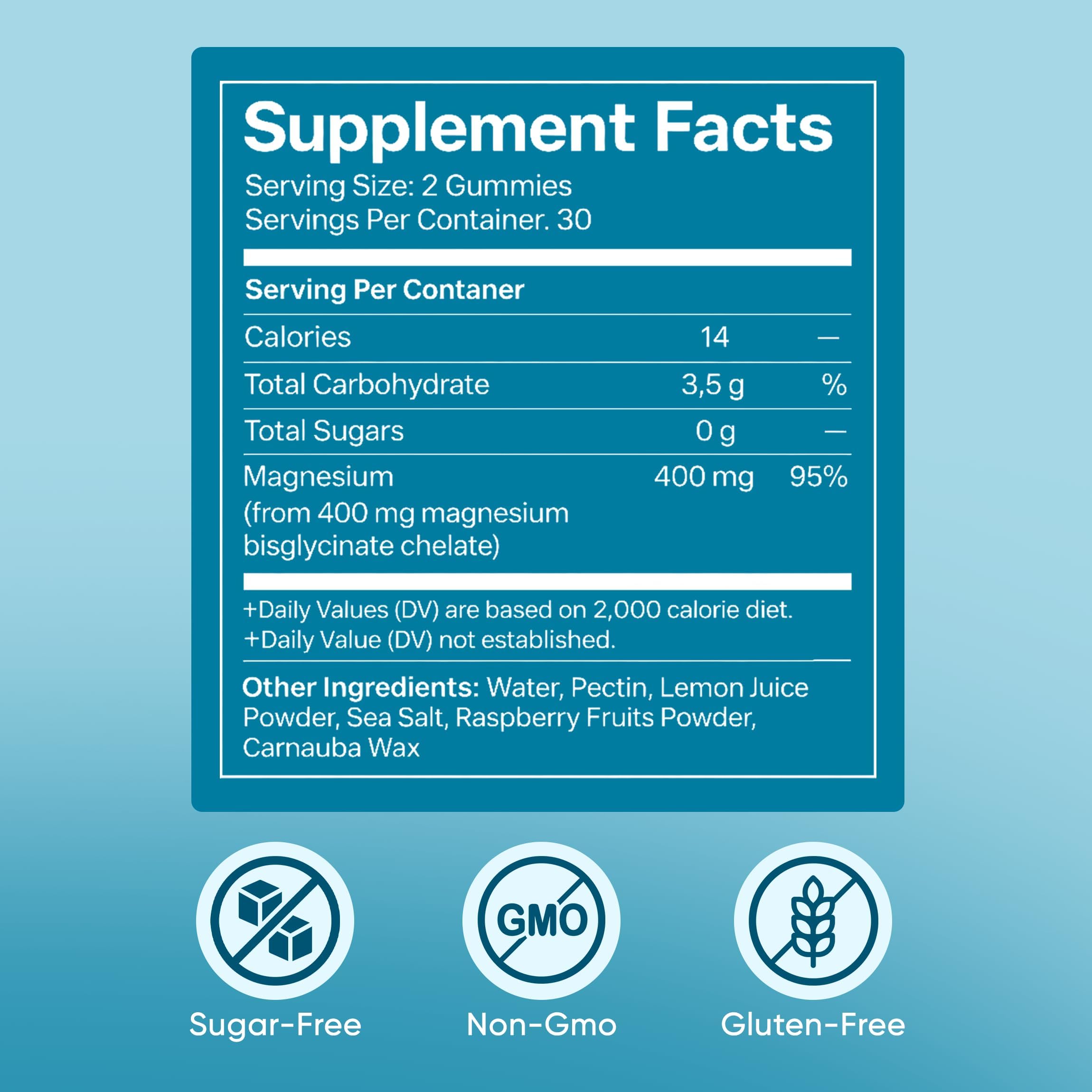 Magnesium Bisglycinate Gummies, Gomitas De Bisglicinato De Magnesio with 400mg Magnesium Bisglycinate Chelate, Sea Salt, Raspberry Fruit Powder, Supports Sleep & Relax Muscles for Women, 60 Gummies — Amazon image 4