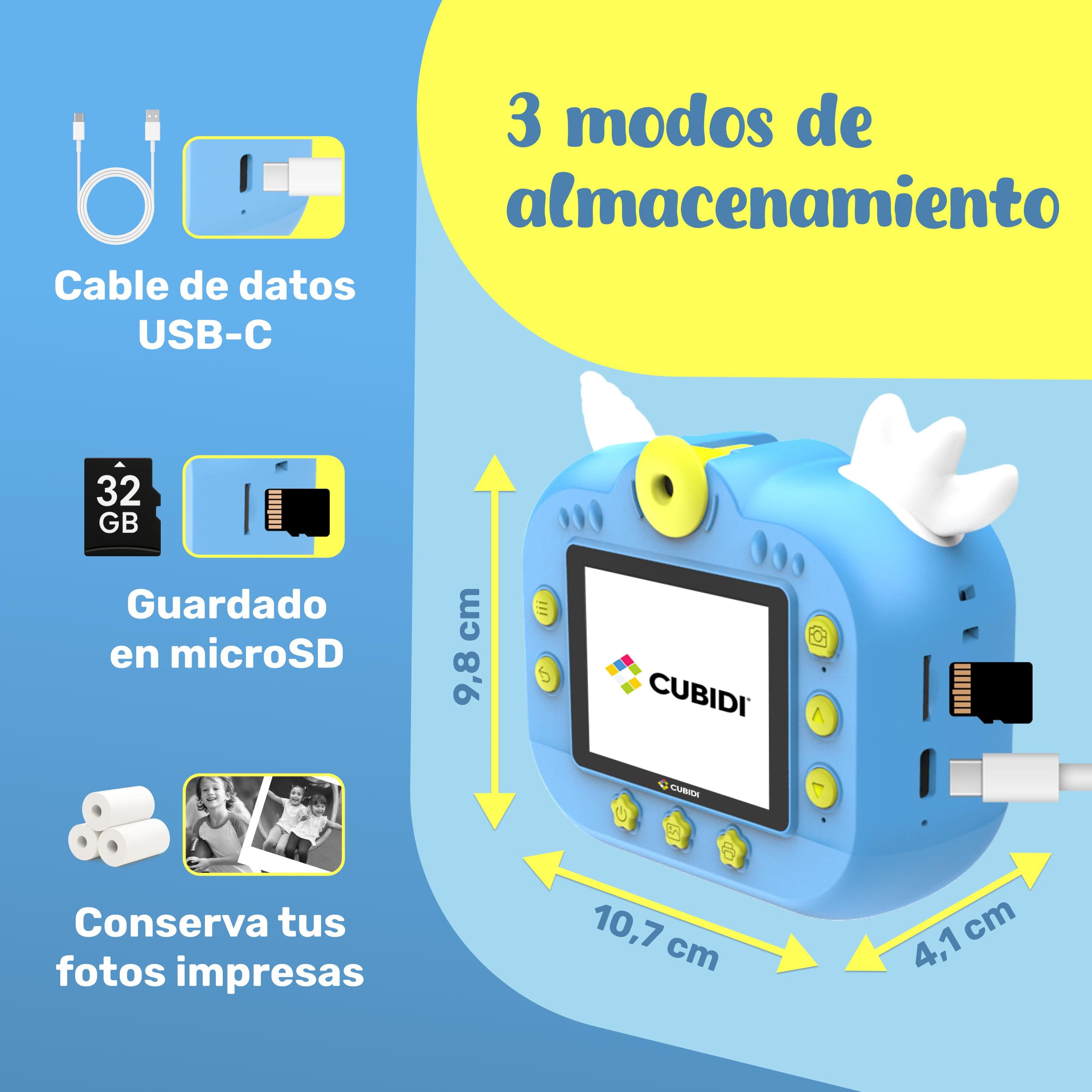 CUBIDI® Camara Fotos Infantil Instantanea – Cámara de Fotos Infantil con Impresión Térmica Sin Tinta con Lente 180° y Tarjeta 32 GB Incluidos. para Niñas y Niños 3-12 Años. Dinosaurio Azul.