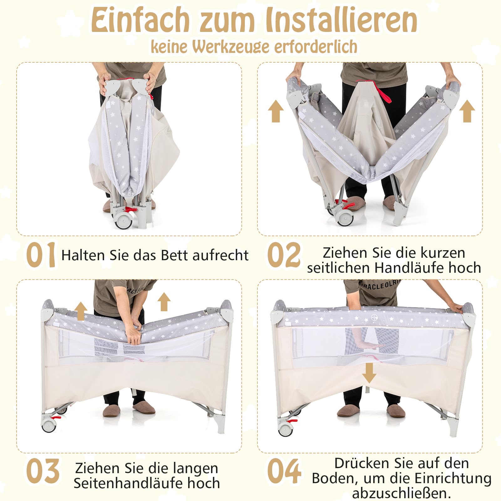 DREAMADE 4 in 1 Reisebett mit Matratze 120x60cm Beistellbett Baby mit Rollen Klappbar Wickeltisch Laufgitter Beige