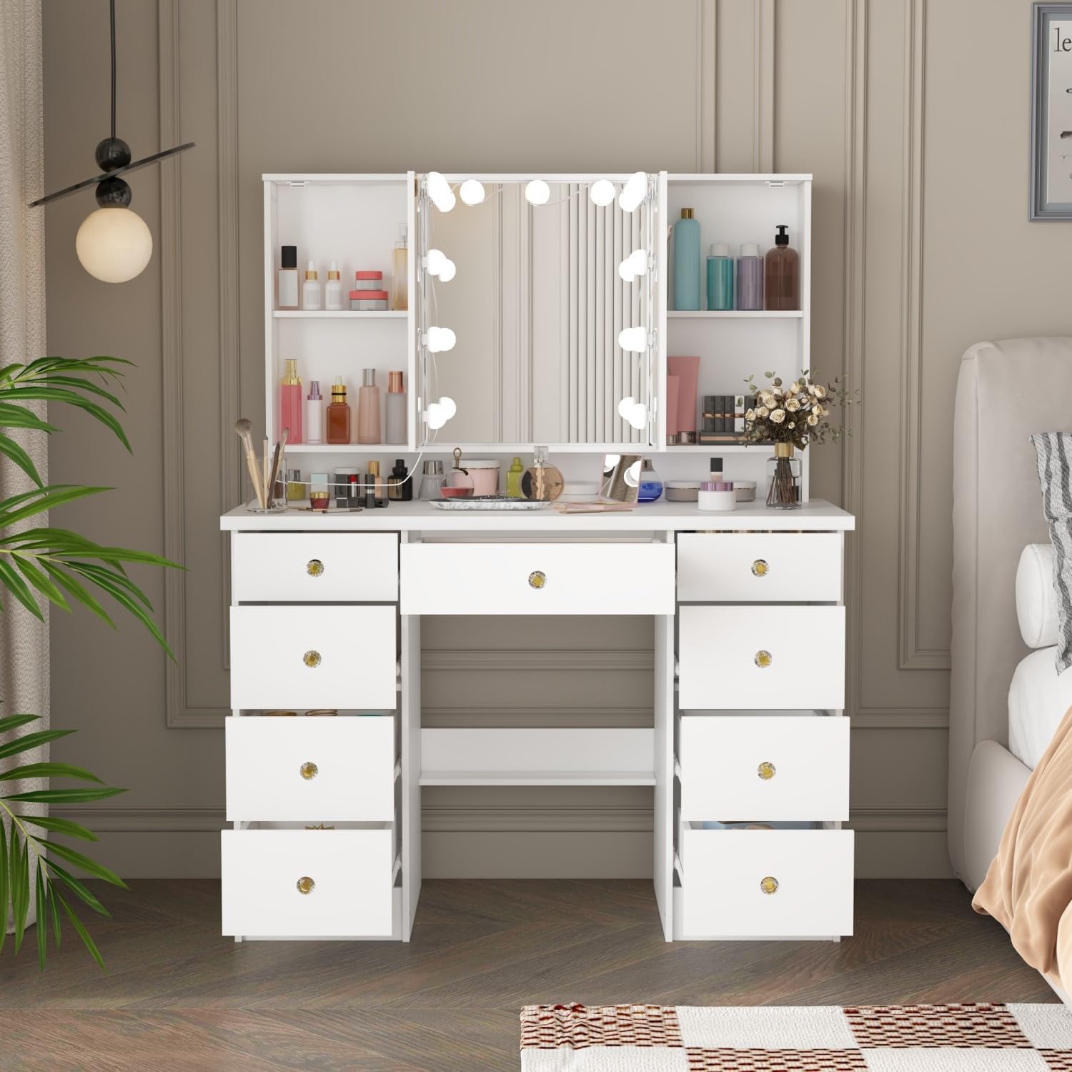 FUFU&GAGA Vanity Desk with Mirror and Bulb Lights, Large Makeup Vanity with 9 Drawers, Modern Dressing Table with Hidden Shelves for Bedroom, White, 43.3”W x 19.7”D x 53.6”H