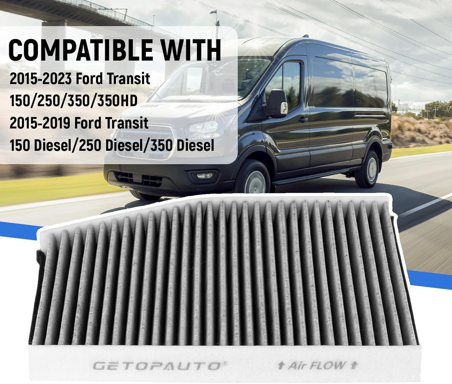 GETOPAUTO PC99528C Cabin Air Filter with Activated Carbon Fit for 23-15 Transit-350 350HD 250 150,19-15 Transit-150 250 350 Diesel Replaces BK21-18D543-AA(set of 4)