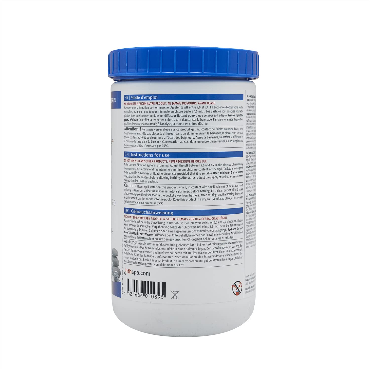 HTH Spa Chlore Multifonction REGULIER Pastilles 20g - 1,2kg | Chlore Stabilisé Multiaction - Désinfection Régulière Multifonction - Dissolution Lente + 10 Tests HPS OFFERTS 6 en 1