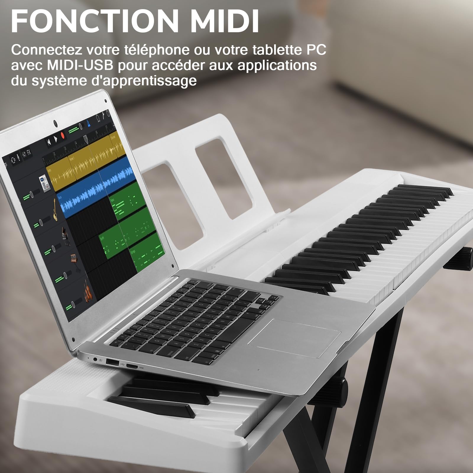 LEADZM Piano Numérique Pliable 88 Touches, Ensemble Piano Électrique Semi-Lesté, 2 Modes Bluetooth, 1000 Rythmes, 1000 Sonorités et 50 Démos pour Débutants (Blanc)