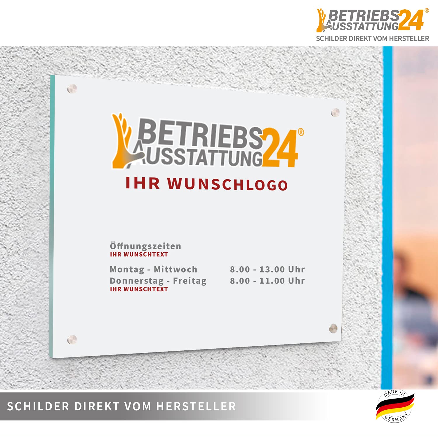 Individuell gefertigtes Türschild mit Wunschlogo & Text | ESG-Sicherheitsglas, 29,7 x 21,0 cm/DIN A4 Querformat | Inkl. 4 Abstandhaltern aus Edelstahl | Zum Verschrauben