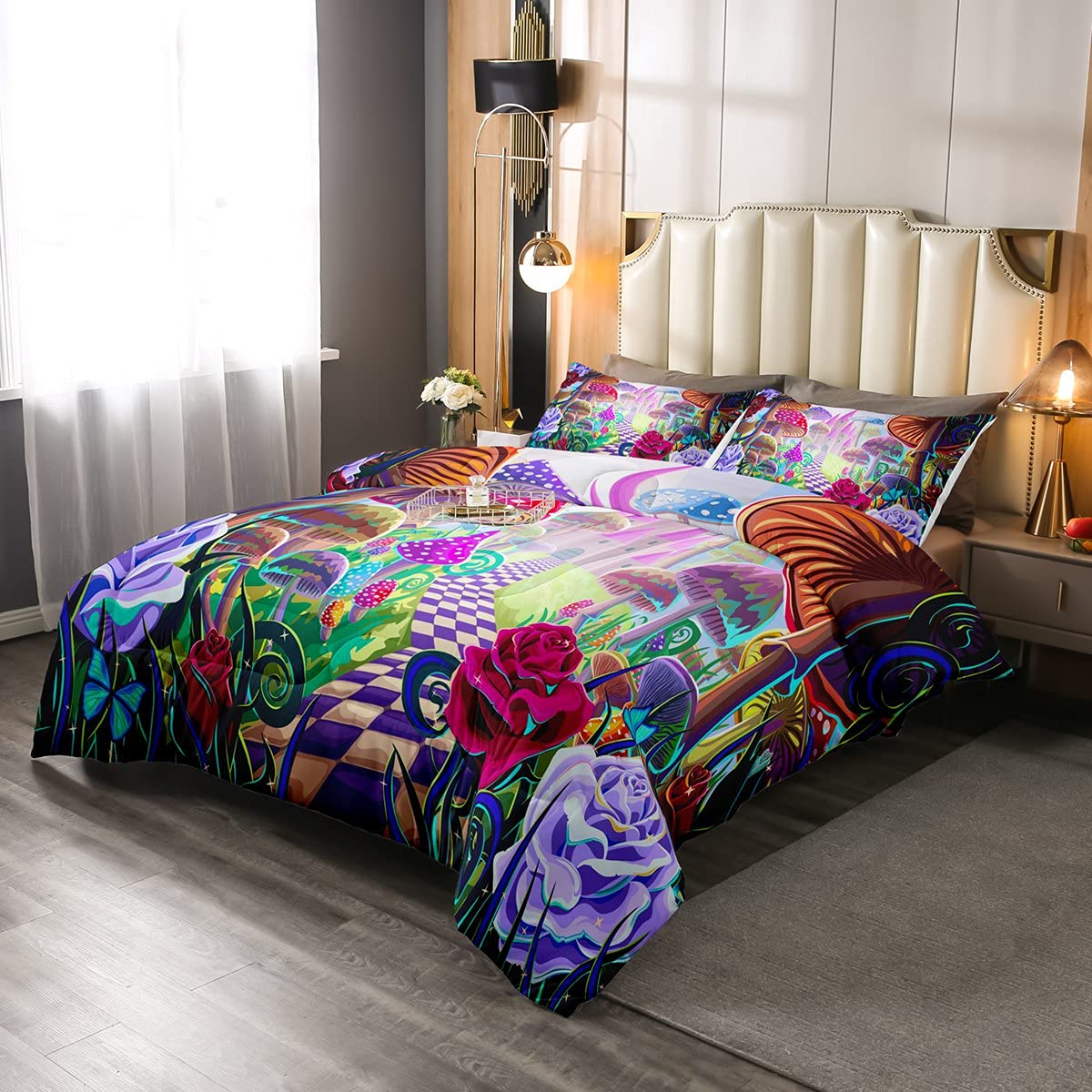 Juego de ropa de cama colorida para niños y niñas, diseño de castillo de setas, diseño de flores, color rosa