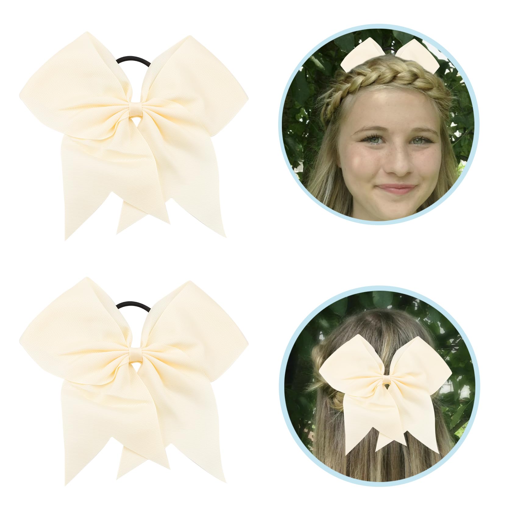 Large Sequin Cheer Ponytail Holder - 2 Pcs White Hair Bows, Ribbon Bows Hair Ties for Girls, Ivory, 1 count (Pack of 2) - Image 4