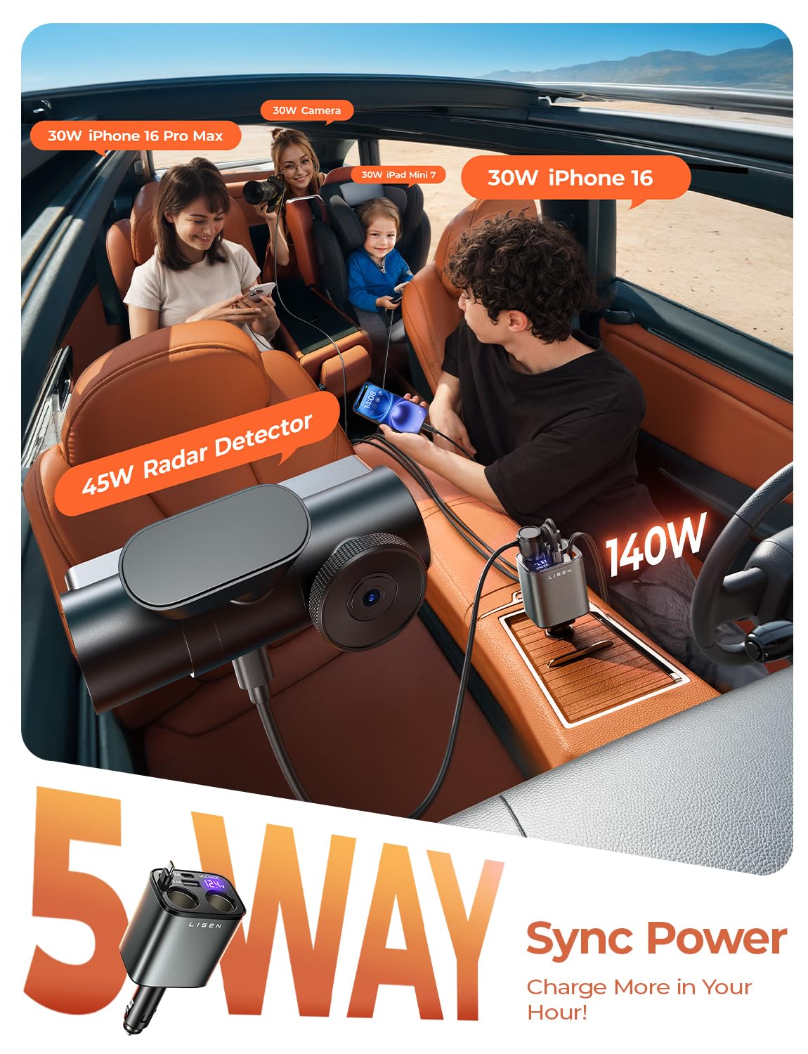 LISEN Car Cigarette Lighter Splitter, Metal 90W Dual Cigarette Lighter Adapter Metal with PD30W Retractable Car Charger, LED Voltage12V/24V Car Charger Splitter for iPhone 16, GPS, DashCam