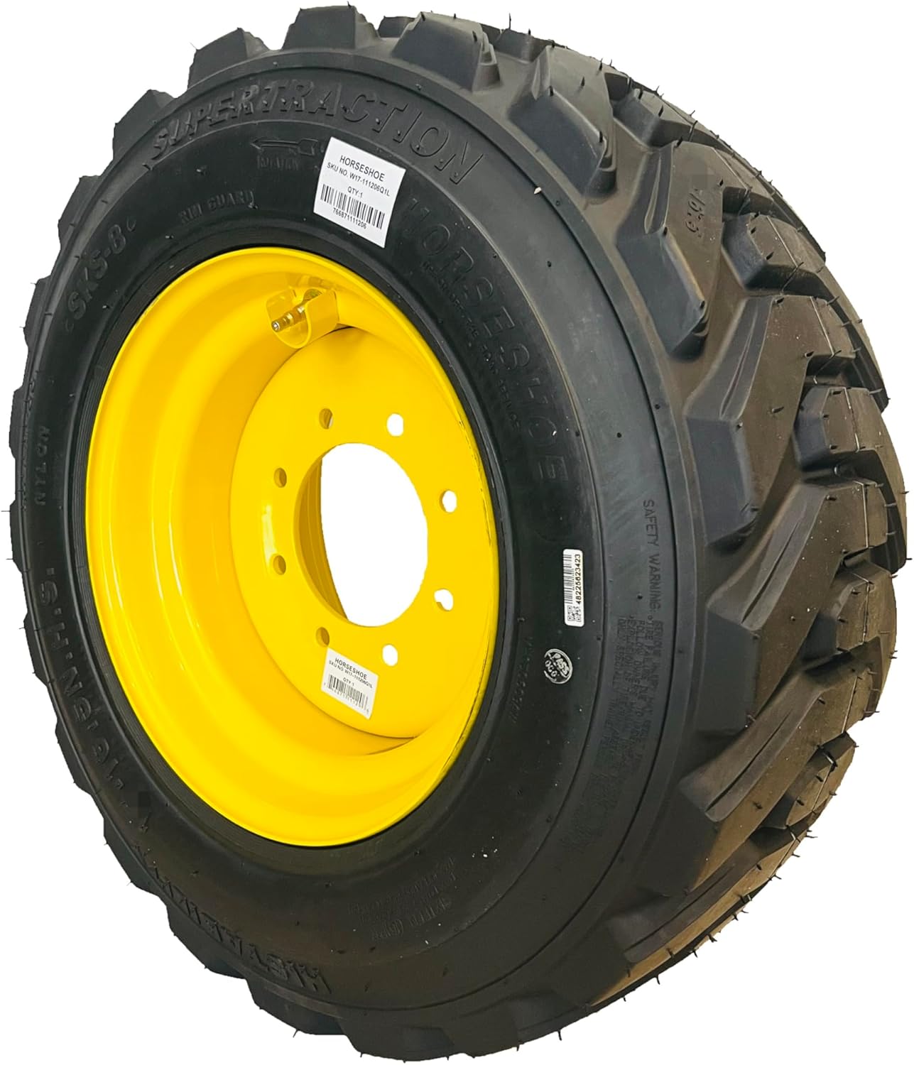 HORSESHOE 12-16.5 16PLY R-4 Extra Thick Rim-Guard Wall Super Heavy Duty LRH Tire mounted on 16.5x9.75 Yellow Steel rim with Brass Valve Stem & Protection Shield - 12X16.5 16.5x9.75 SKS-8 (2)