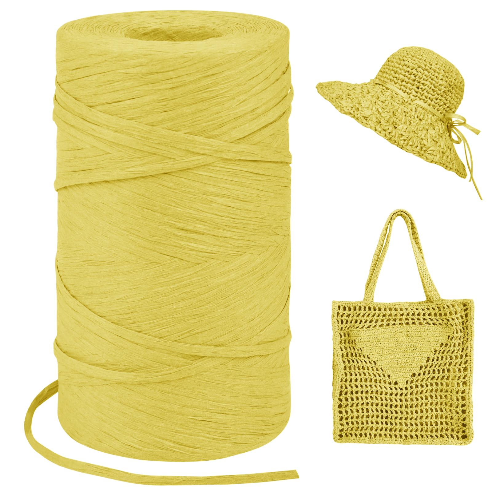 LEREATI Yellow Raffia Yarn for Crochet Bags, 3mm x 300m Flat String Raffia Ribbon for Gift Wrapping, Raffia Paper Ribbon Yarn for Crocheting Sun Hat, Bag, DIY Crafts, Holiday Decoration