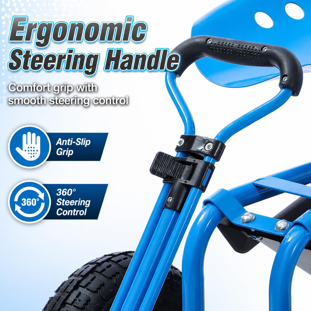 KATSU Tools Carrito de jardín rodante con mango de dirección extensible, bandeja de herramientas de utilidad, asiento de trabajo giratorio de 360° y altura ajustable, carrito de taburete de taller