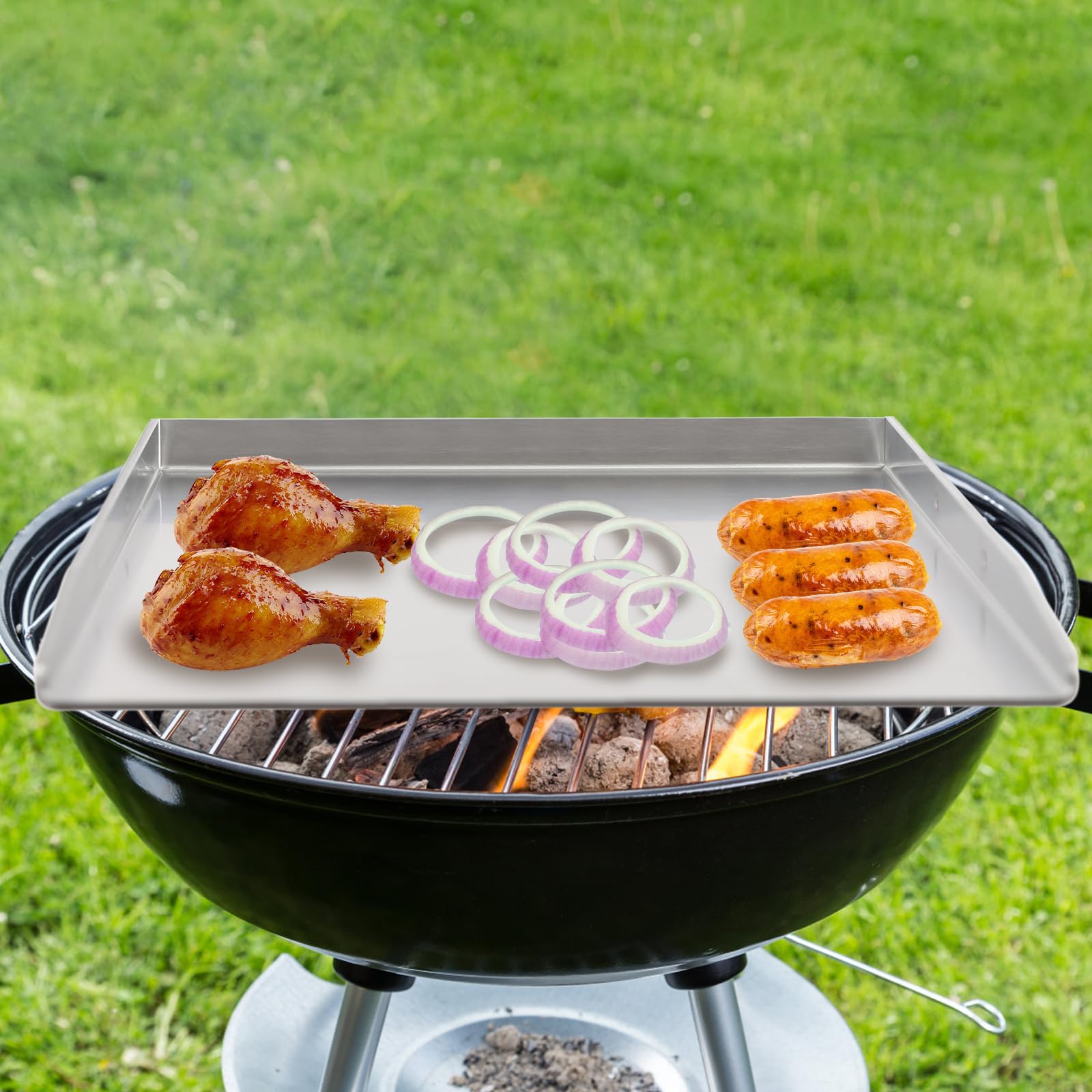 Plancha de acero inoxidable para barbacoa de gas y camping con asas para carne, pescado y verduras (plata, 45 x 30 cm)