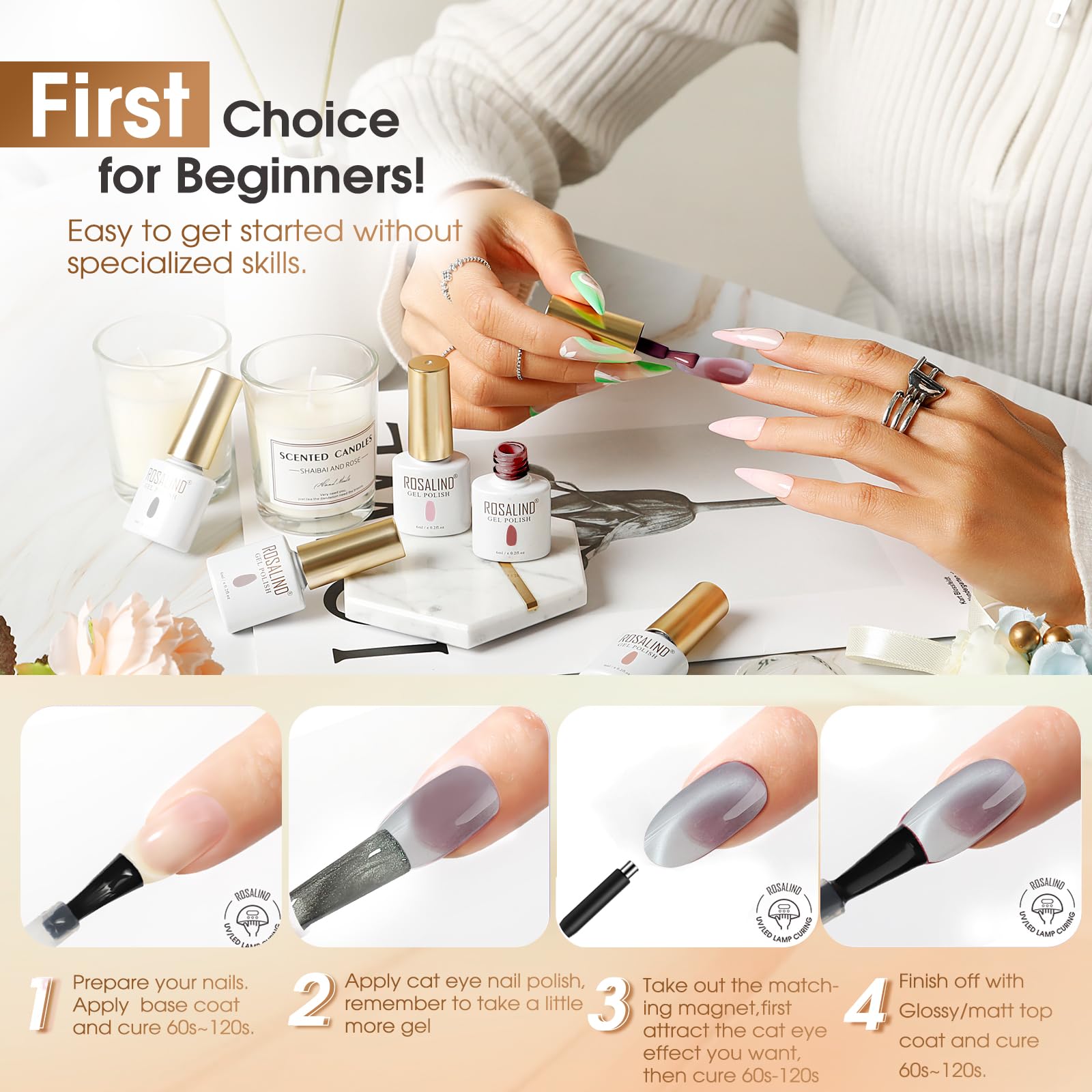 ROSALIND Smalto Semipermanente Unghie Magnetico, 6 Colori Grigio Rosa Viola Rosso Jelly Crystal Cat Eye Smalti Semipermanenti per Unghie, Soak Off UV/LED Smalto Gel Cat Eye Manicure Regalo