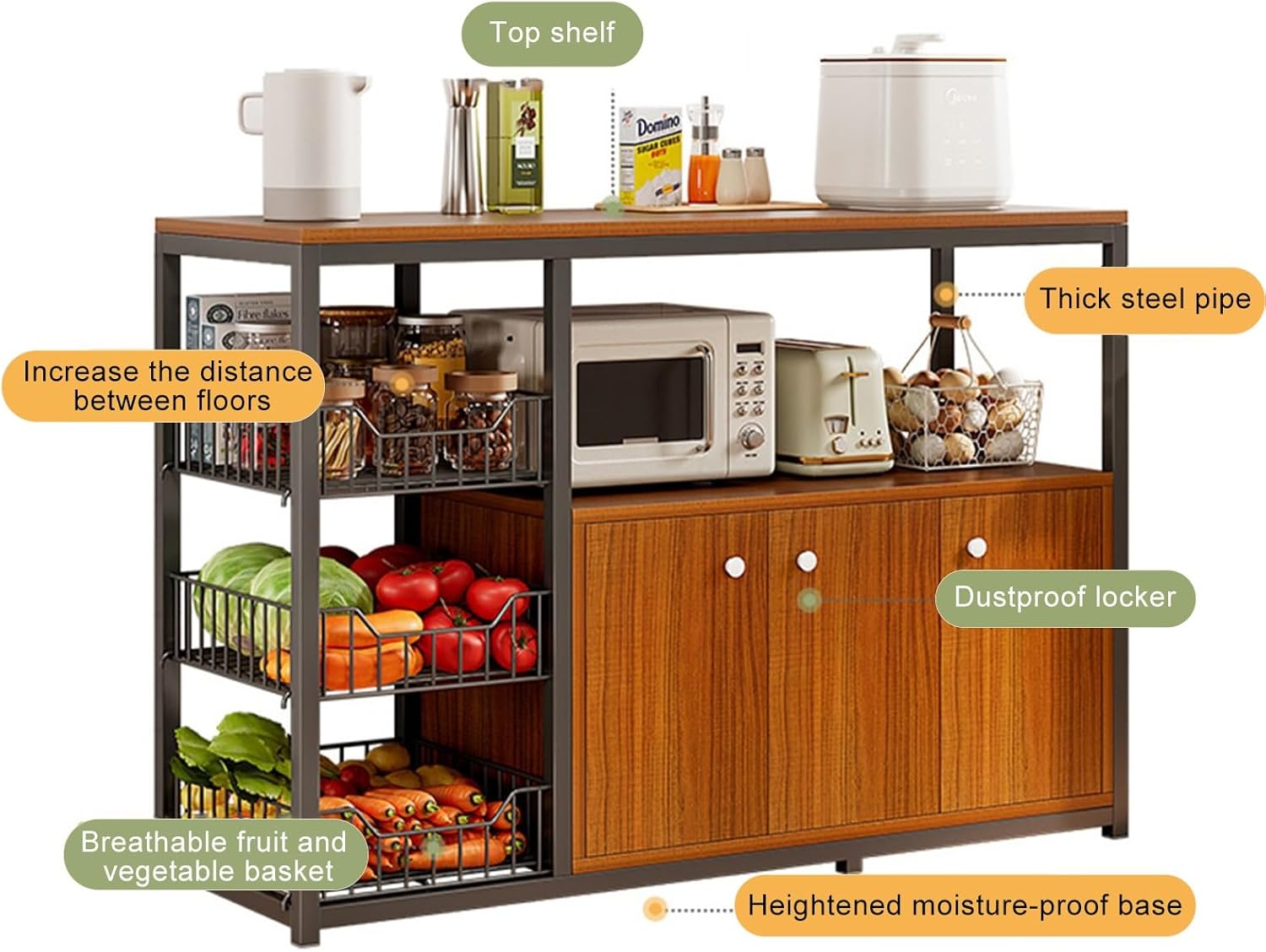 Kitchen Floor Cupboard Tall Storage Cabinet with Flip Doors Adjustable Shelves Kitchen Storage Sideboard with Countertop Free Standing，Microwave Oven Rack - Freestanding Kitchen Storage CABI