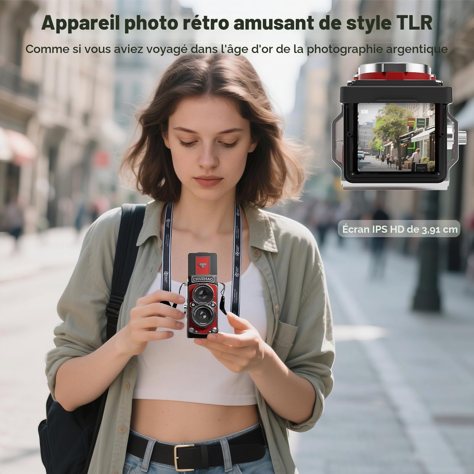 CHUZHAO Mini Appareil Photo Vintage Numérique avec Réglage de l'Heure, Portable TLR Style Rétro 1080P FHD Vidéo 12MP Photos Autofocus Compact avec Carte 16Go pour Adolescents, Rouge