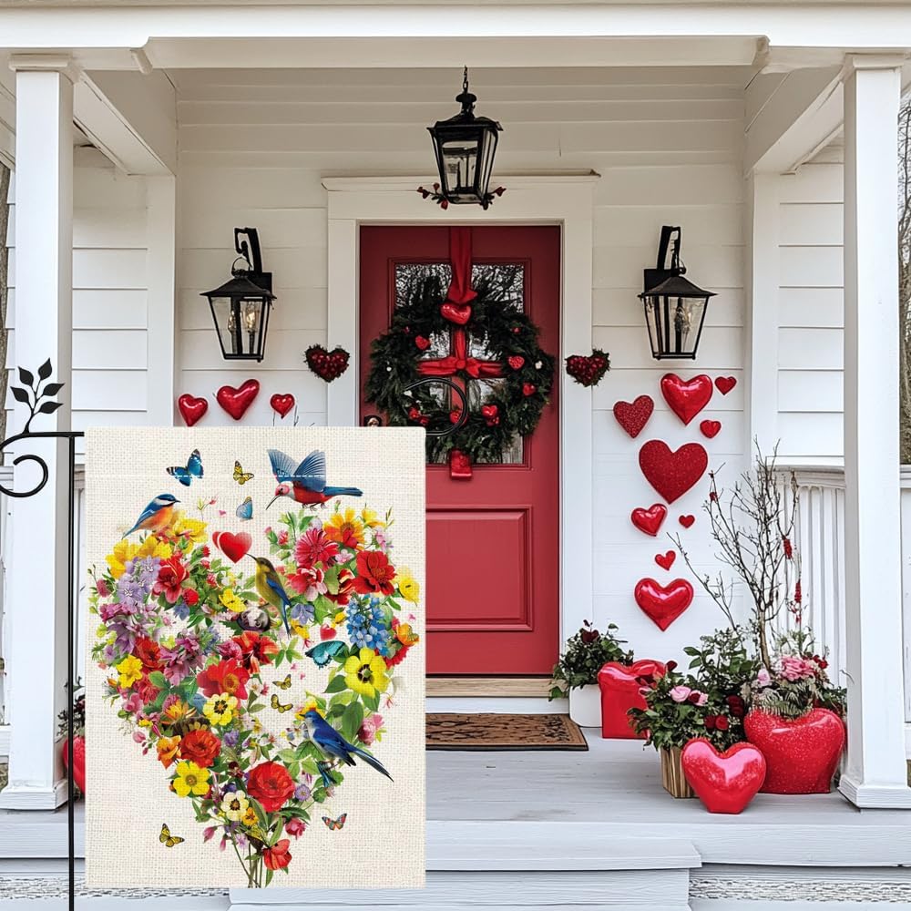 Spring Summer Birds Flowers Butterflies Garden Flag for Outside Colorful Floral Love Hearts Outdoor Yard Flag 12x18 Inch Double Sided - Image 5