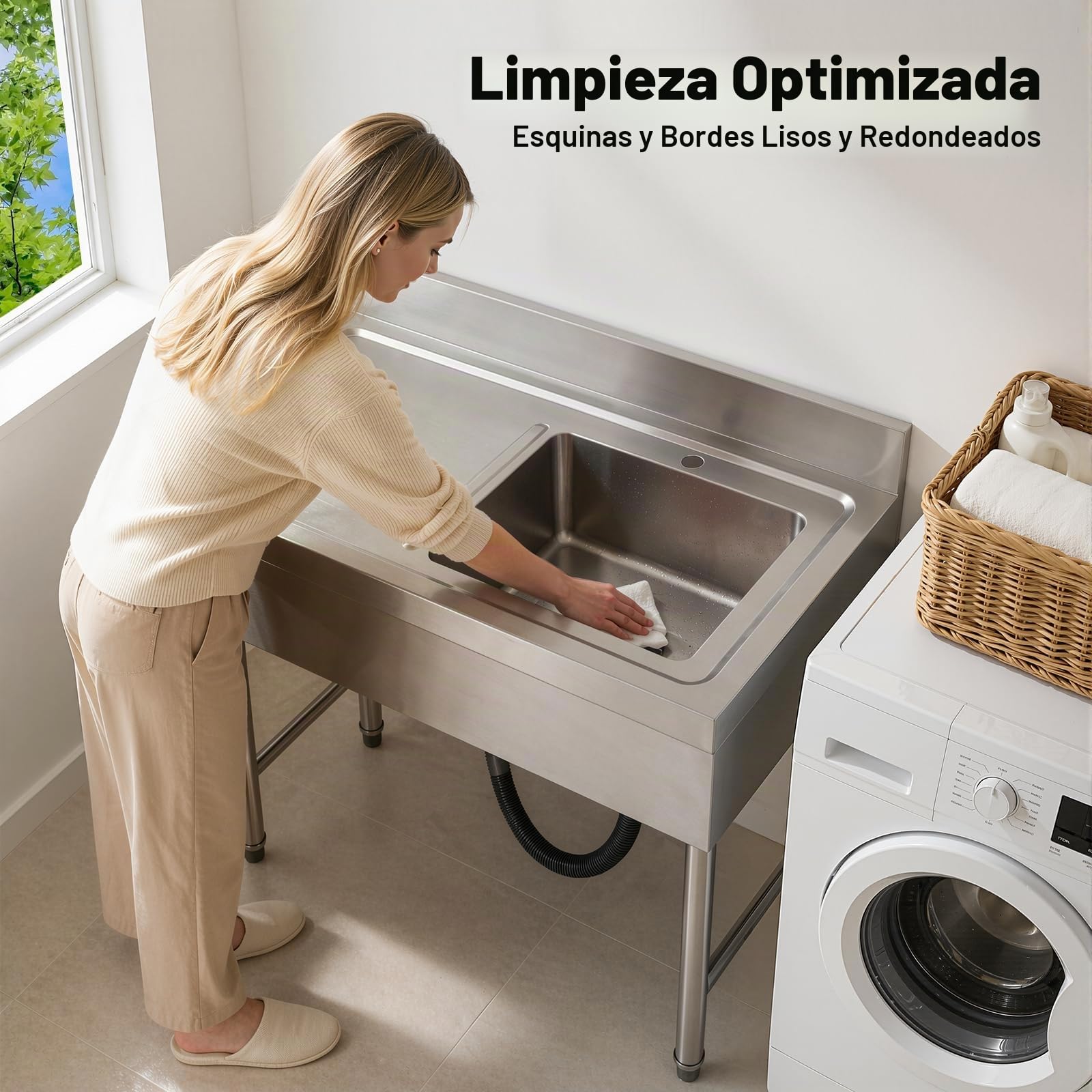 Fregadero Comercial de Acero Inoxidable, 100x50x80cm, Exterior Jardin y Cocina, con Filtro de Tubo de Desagüe