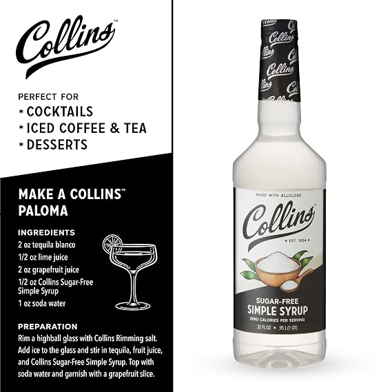 Collins Sugar Free Simple Syrup For Drinks, Allulose Coffee Syrups, Low Carb Cocktail Sweetener Keto 32oz. Set of 1