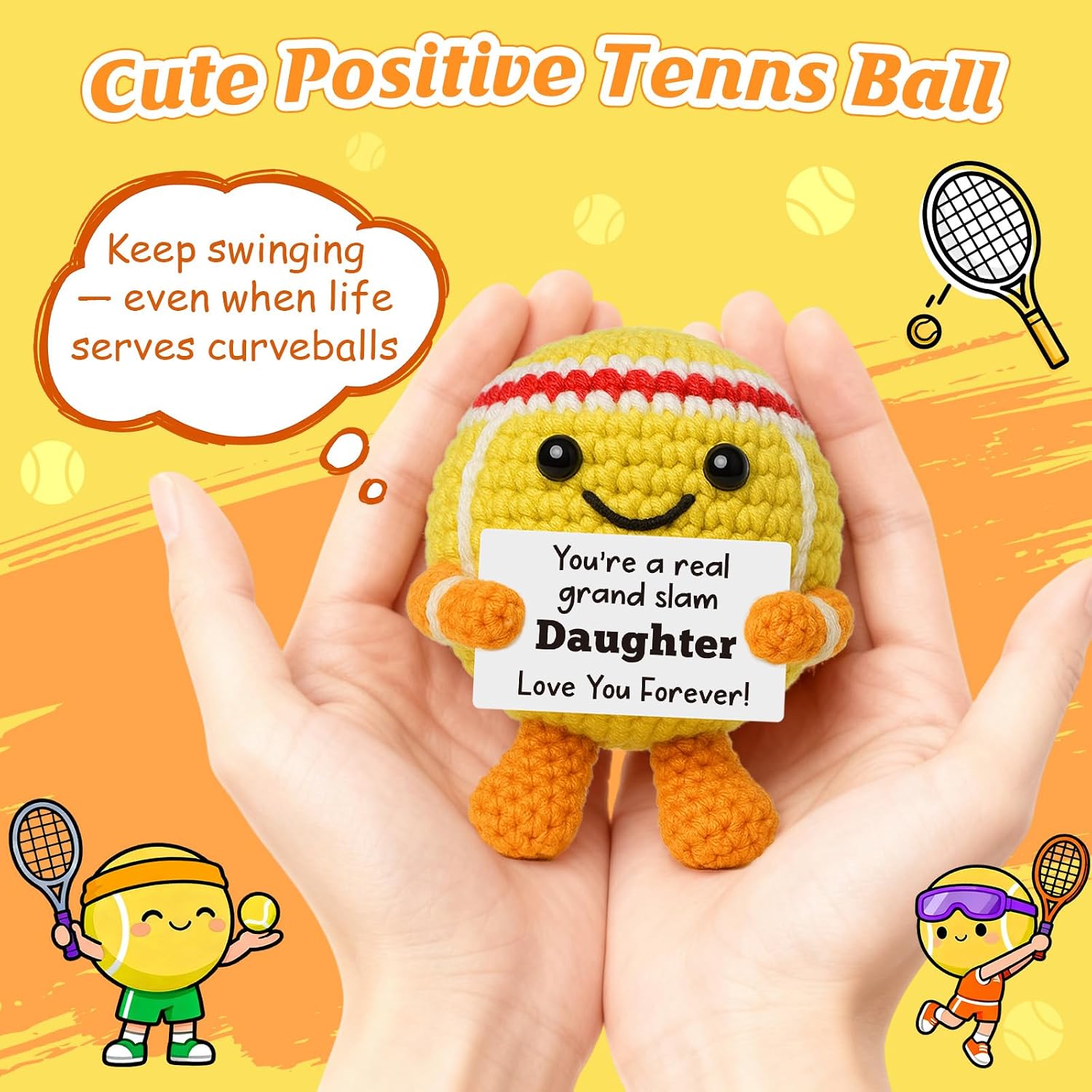 Mini Positive Crochet Tennis Ball Gifts for Women Men - Handmade Crochet Tennis Ball, Motivational Encouragement Christmas White Elephant Gift for Tennis Balls Lover Coworker Friend Coach