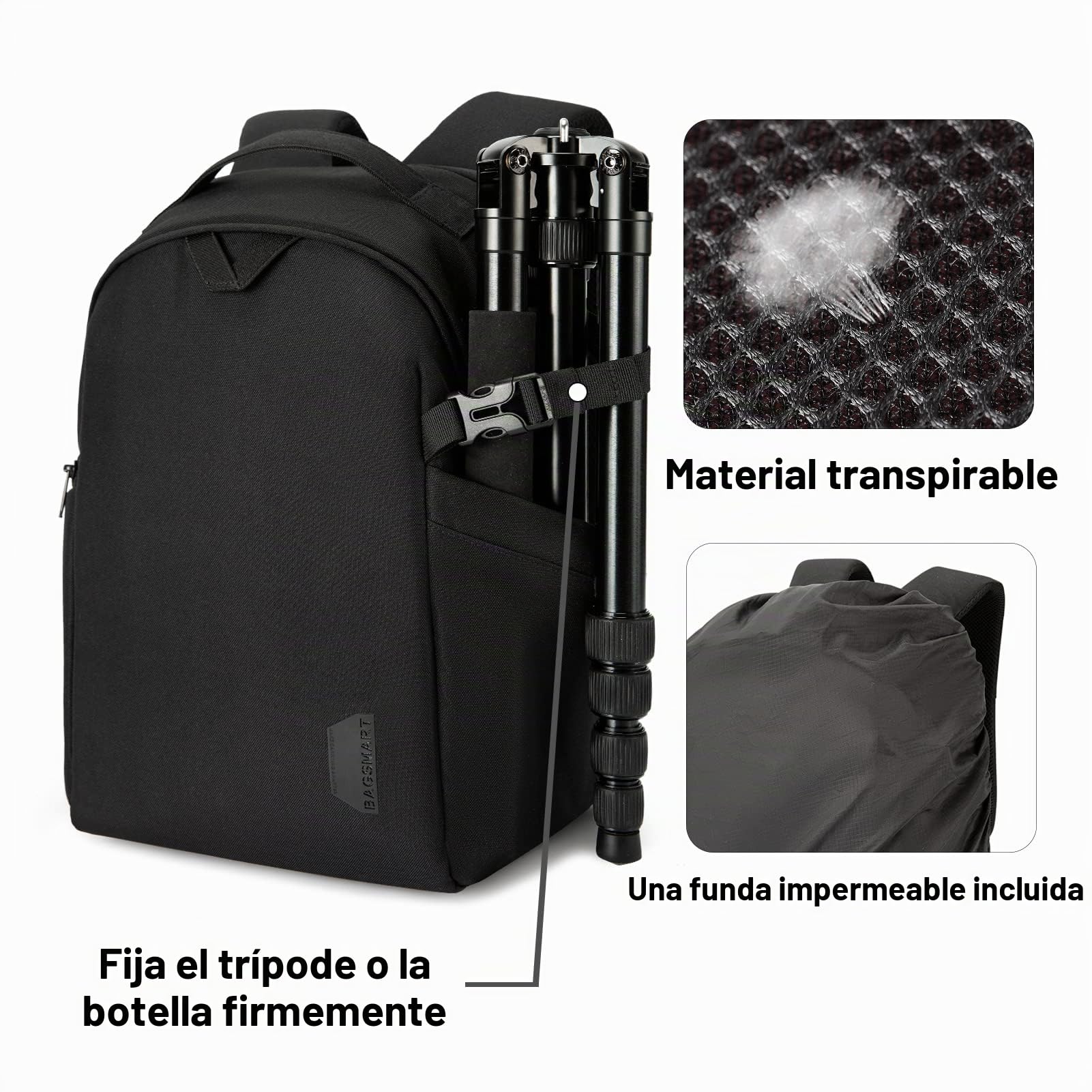 bagsmart Mochila para cámara DSLR SLR compatible con portátiles de 13,3-15,6 pulgadas, mochila de fotos impermeable con protección contra la lluvia, soporte para trípode, Negro-M.
