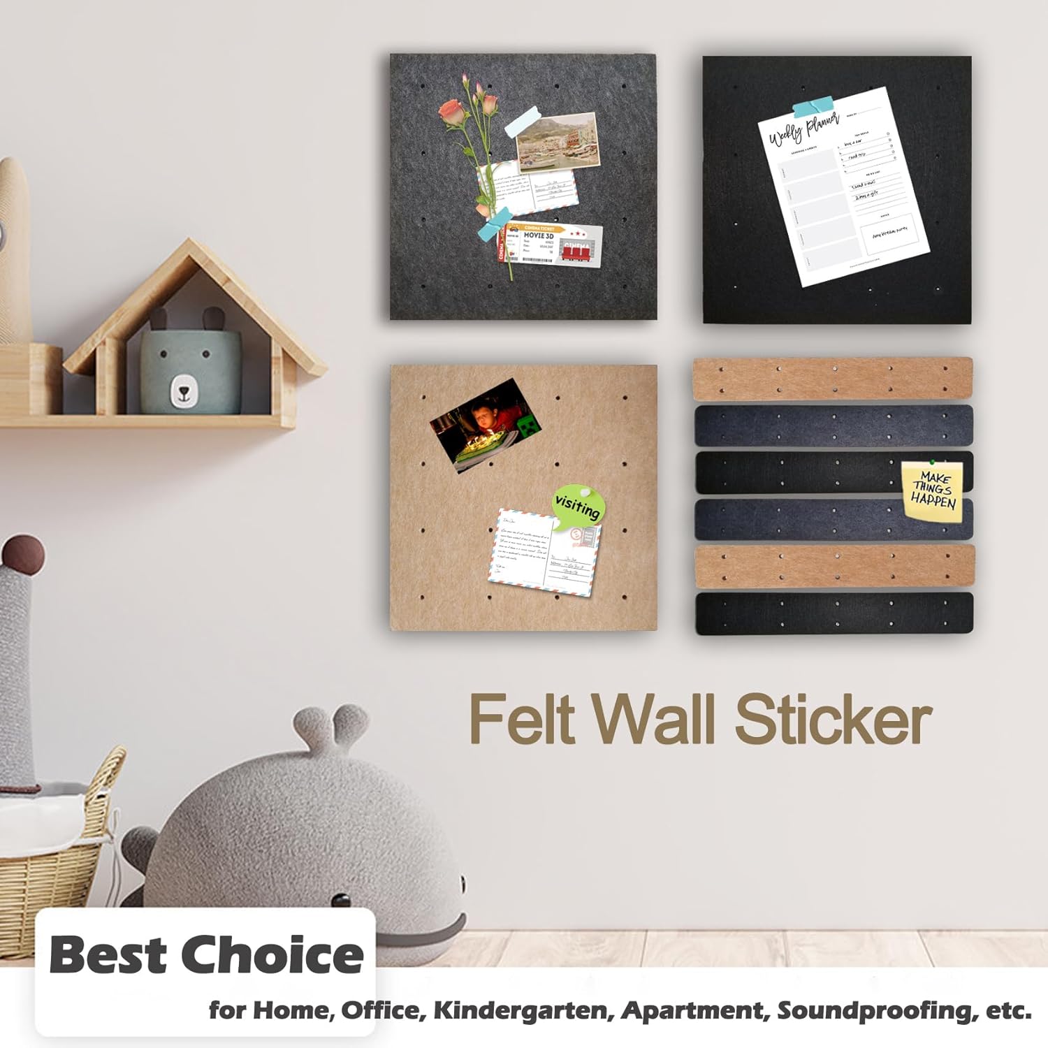 Large Gray Felt Pinboard Bulletin Boards Pegboard Wall Tiles, 12"x12"-1/2" Thick Large Cork Board for Walls, Self-Adhesive Soundproof Vision Board with 45 Push Pins & 40 Wooden Dowel Pins, 6 Pack