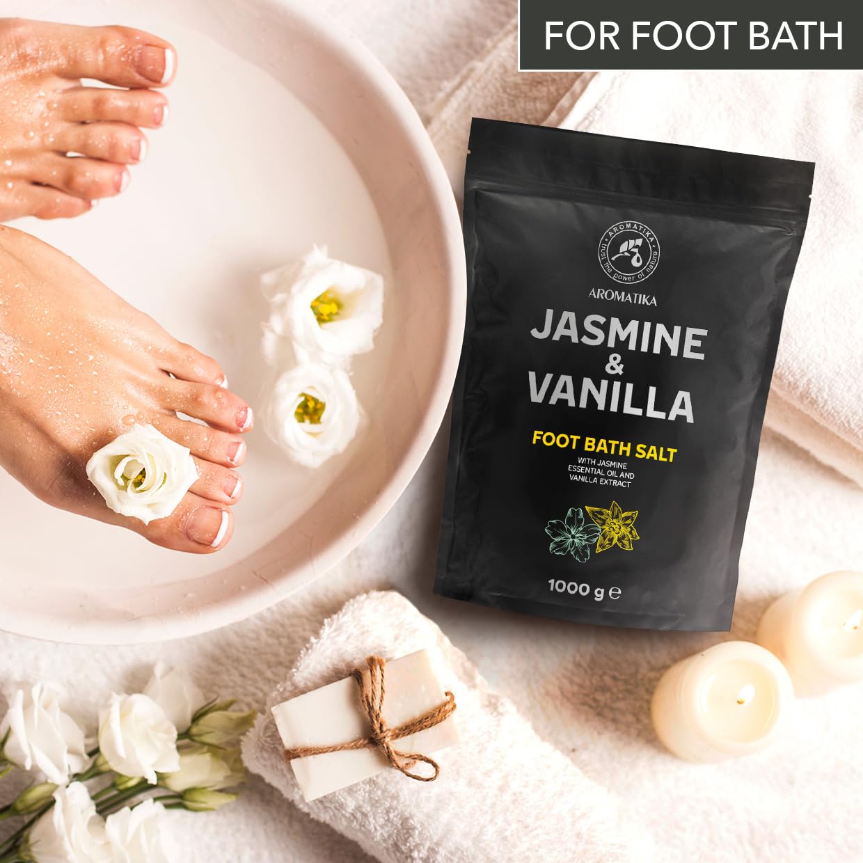 Sal de Baño para Pies Jazmín Vainilla 1000g Sal Marina Natural con Aceite Esencial de Jazmín y Extracto de Vainilla Cuidado de Pies