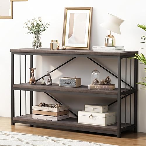 Miniatura 15 de LVB Mesa Consola Industrial de Granja, Mesas de Sofá de Entrada de Metal y Madera con Almacenamiento, Mesa de Entrada Rústica Larga de 3 Niveles