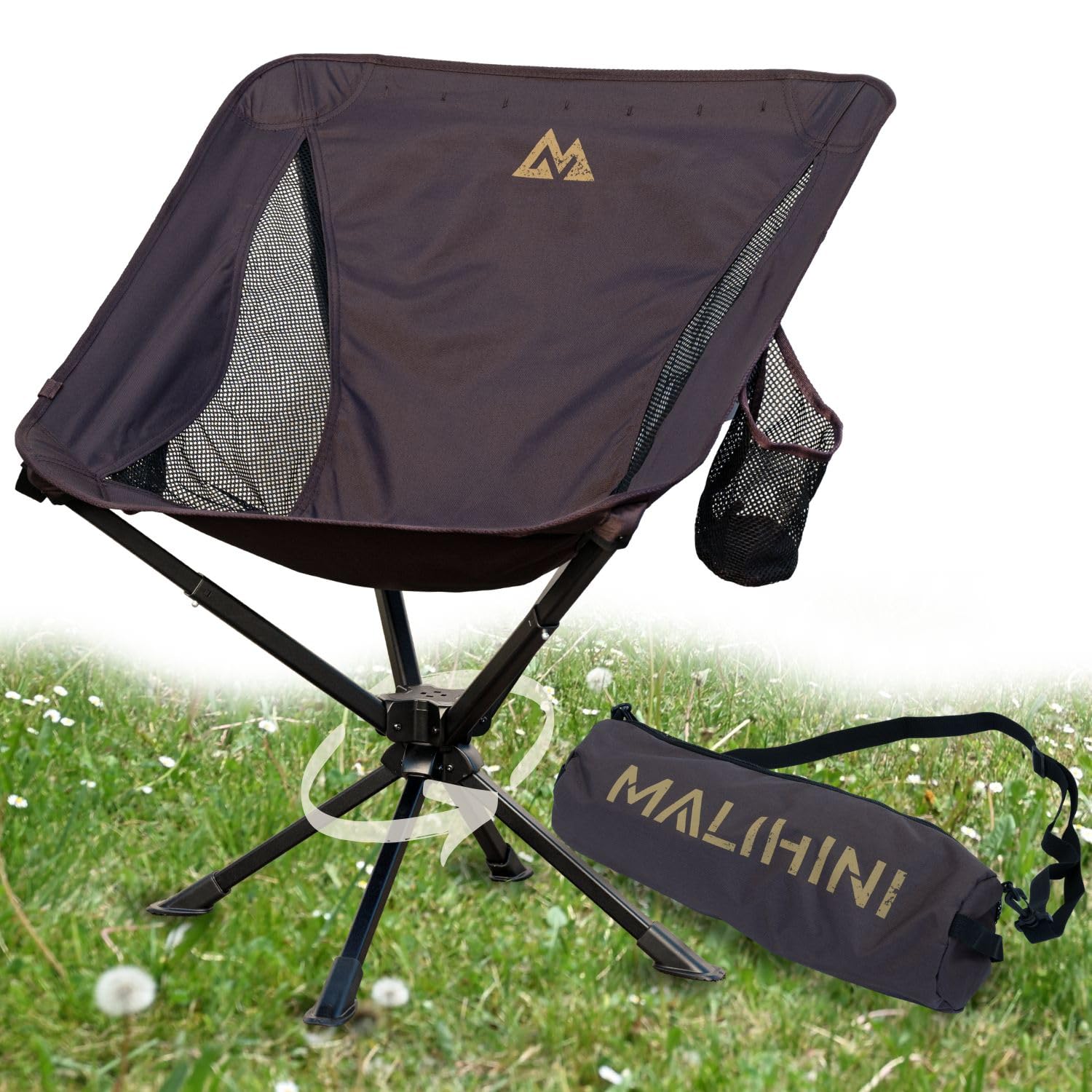MALIHINI Campingstuhl faltbar [150 kg, 360° Fußgelenk] Kleines Packmaß 36 × 12 cm, leicht & kompakt | Drehbarer Campingstuhl mit Getränkehalter & Tasche | Camping & Outdoor (Braun)