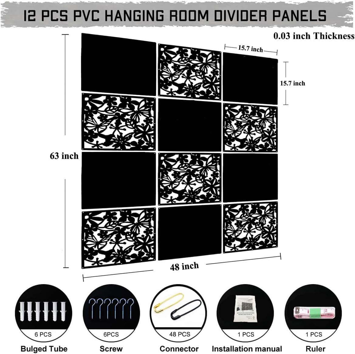 LRZCGB Hanging Room Divider,12pcs PVC Black Panel Screen Solid for Decorating Living, Dining, Study and Sitting-Room, Hotel(Black+Solid Board)