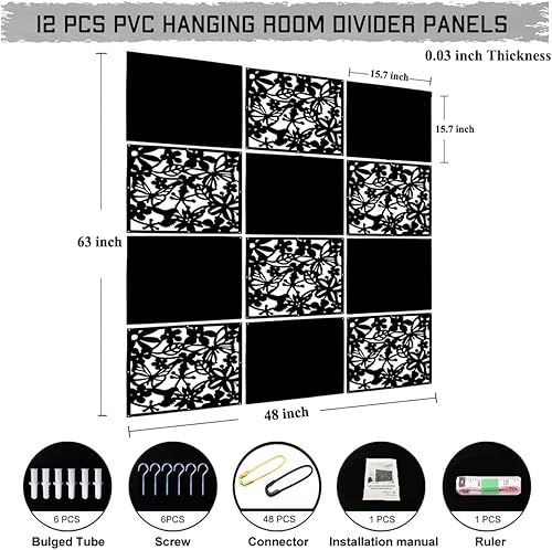 Miniatura 5 de LRZCGB Divisor de habitación colgante, 12 piezas de PVC negro panel sólido para decorar la sala, comedor, estudio y sala de estar, hotel Tablero