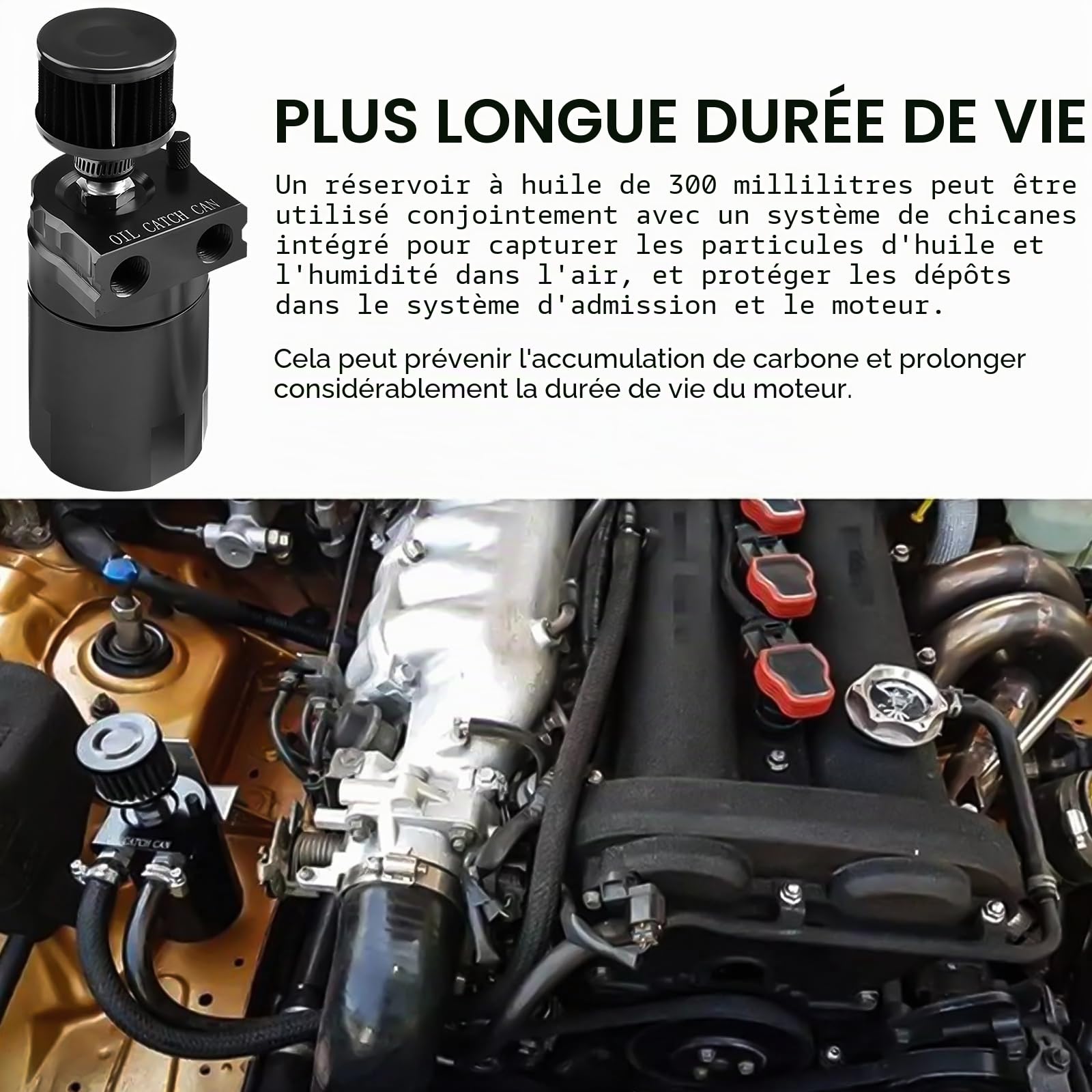 Réservoir de récupération d'huile avec filtre à air, 300 ml, collecteur d'huile en aluminium, réservoir d'huile, réservoir de voiture avec accessoires, ligne de carburant 3/8" (noir)