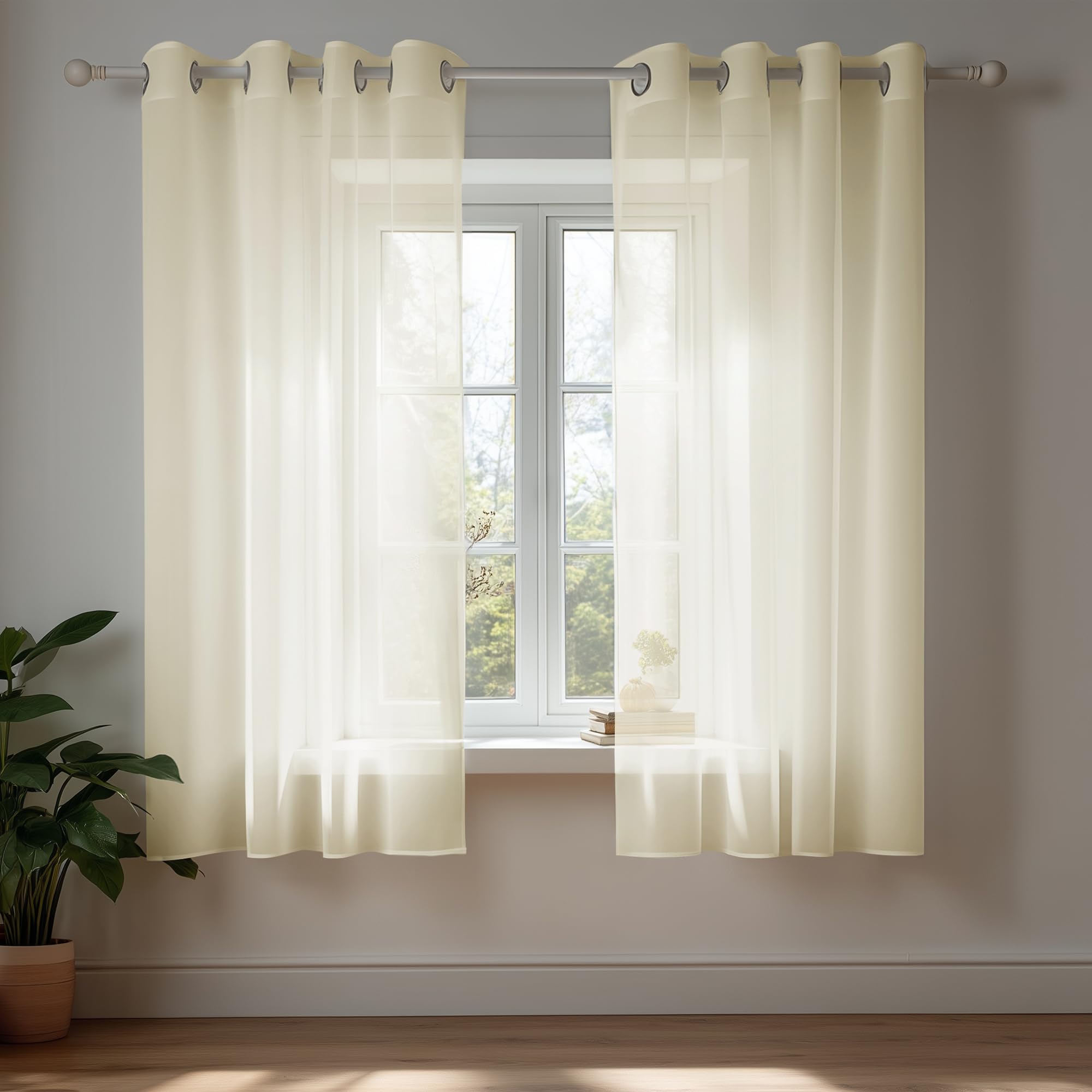 Deconovo Beige Semi Transparent Sheer Voile Curtains, Window Curtains For Small Window Kitchen, 55 X 54 Inch(Width X Length), 2 Panels