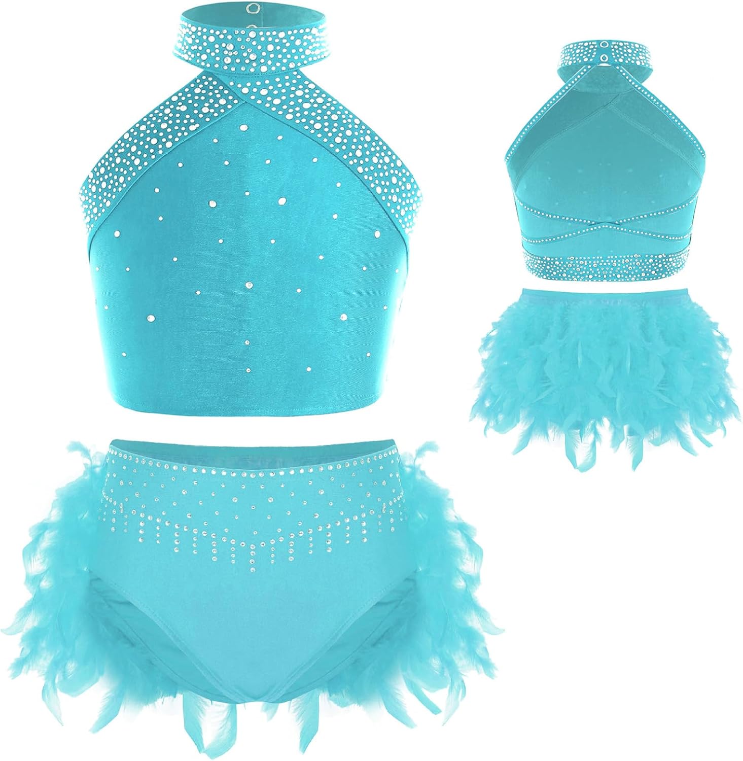 Kids Girls Lyrical Dance Dress Halter Neck Rhinestones Crop Top with Feather Briefs Ballet Dance Outfits