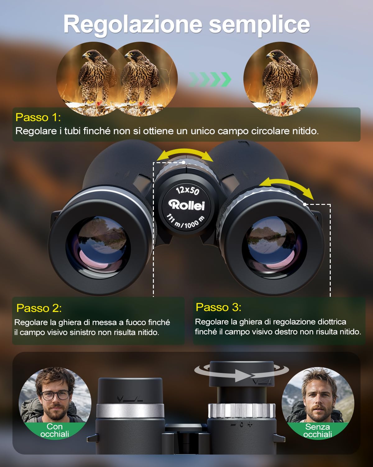 Binocolo Professionale 12x50 Pro Rollei Binocular Potenti per Adulti con Ingrandimento 12x e Lenti FMC Resistente IPX6 Binocolo per Hobbisti Birdwatching Caccia Escursionismo e Sightseeing