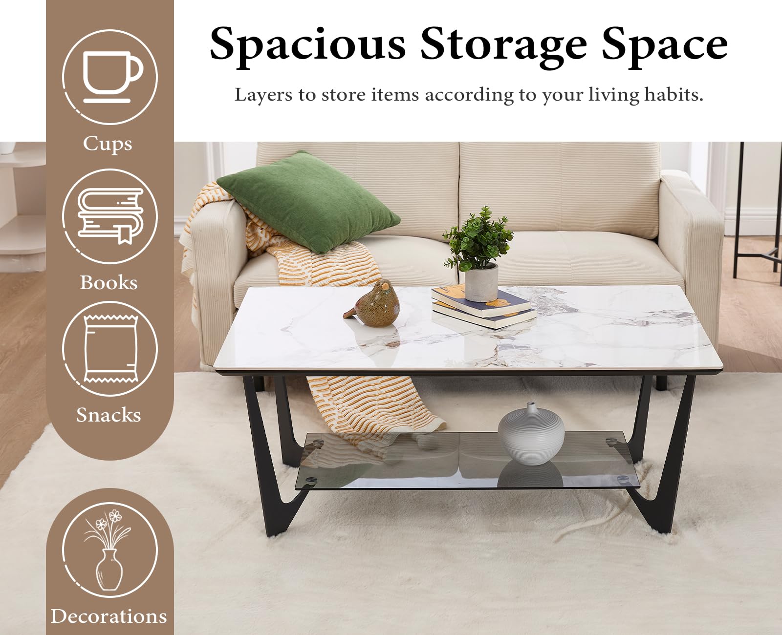 chairus Mesa de Salón Moderna Mesa de Centro Rectangular,Tablero con Estantes Almacenaje Mesita de Mármol para Hogar/Oficina,Blanco