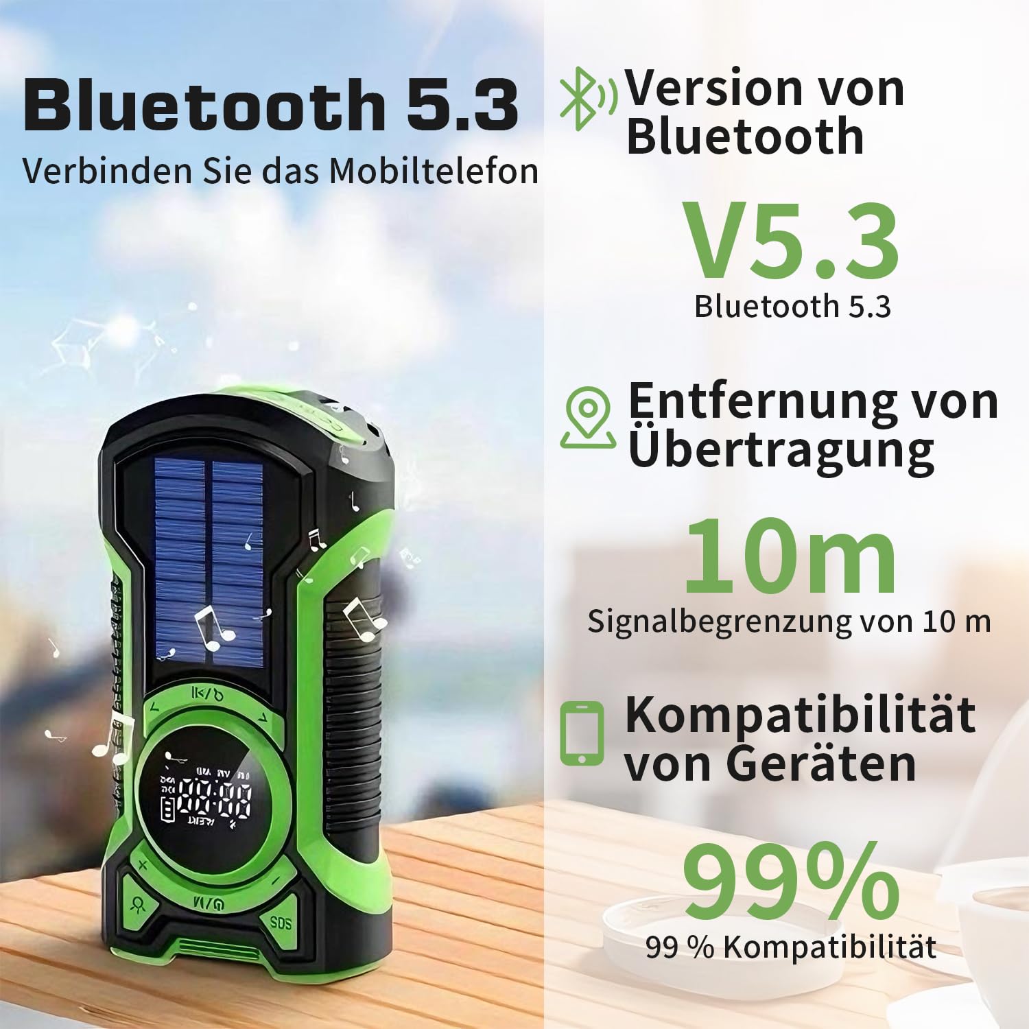 Kurbelradio Solar Radio FM AM, RadioBatteriebetrieben 5000mAh mit Bluetooth & ATS, Wasserdichtes Notfallradio mit LED-Taschenlampe, SOS-Alarm für Stromausfall und Outdoor