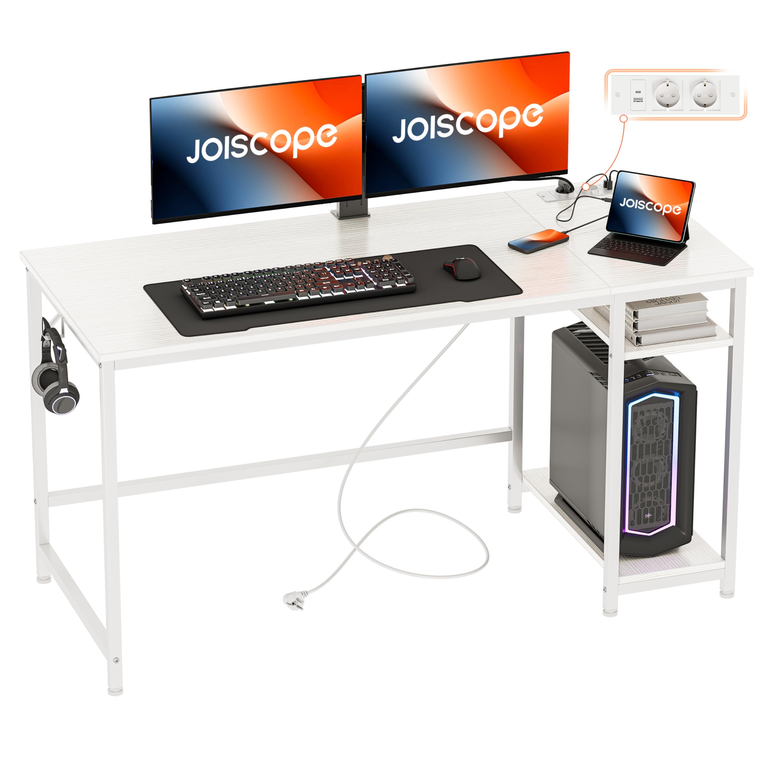 JOISCOPE Escritorio Ordenador con Puerto de Carga USB y Tipo-C y 2 Tomas de Corriente,Escritorio Estudio y Juego Que Ahorra Espacio con Gancho y Estante de Almacenamiento de 2 Niveles,140x75cm,Blanco
