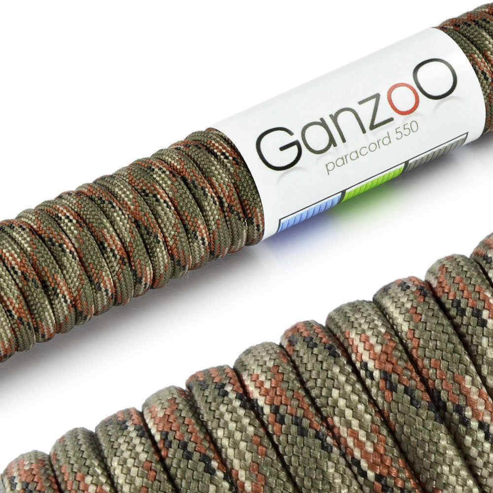 Ganzoo Paracord 550 Corde Nylon Polyester 4mm, 30 m Camouflage Vert Marron Blanc, 7 brins Noyau, Charge 250 kg 550 LB, Cordage Polyvalent Bracelet, Collier Chien, Laisse, Camping Survie