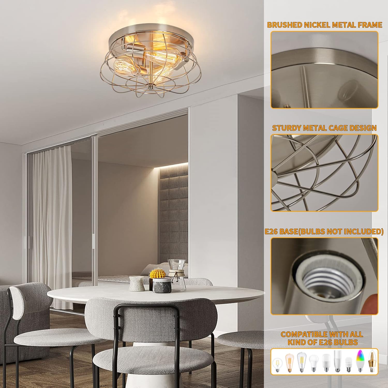 Flush Mount Ceiling Light Brushed Nickel Ceiling Light Fixture 3-Light Modern Flush Mount Ceiling Light Metal Cage Kitchen Ceiling Light Fixtures for Bedroom, Living Room, Hallway Foyer