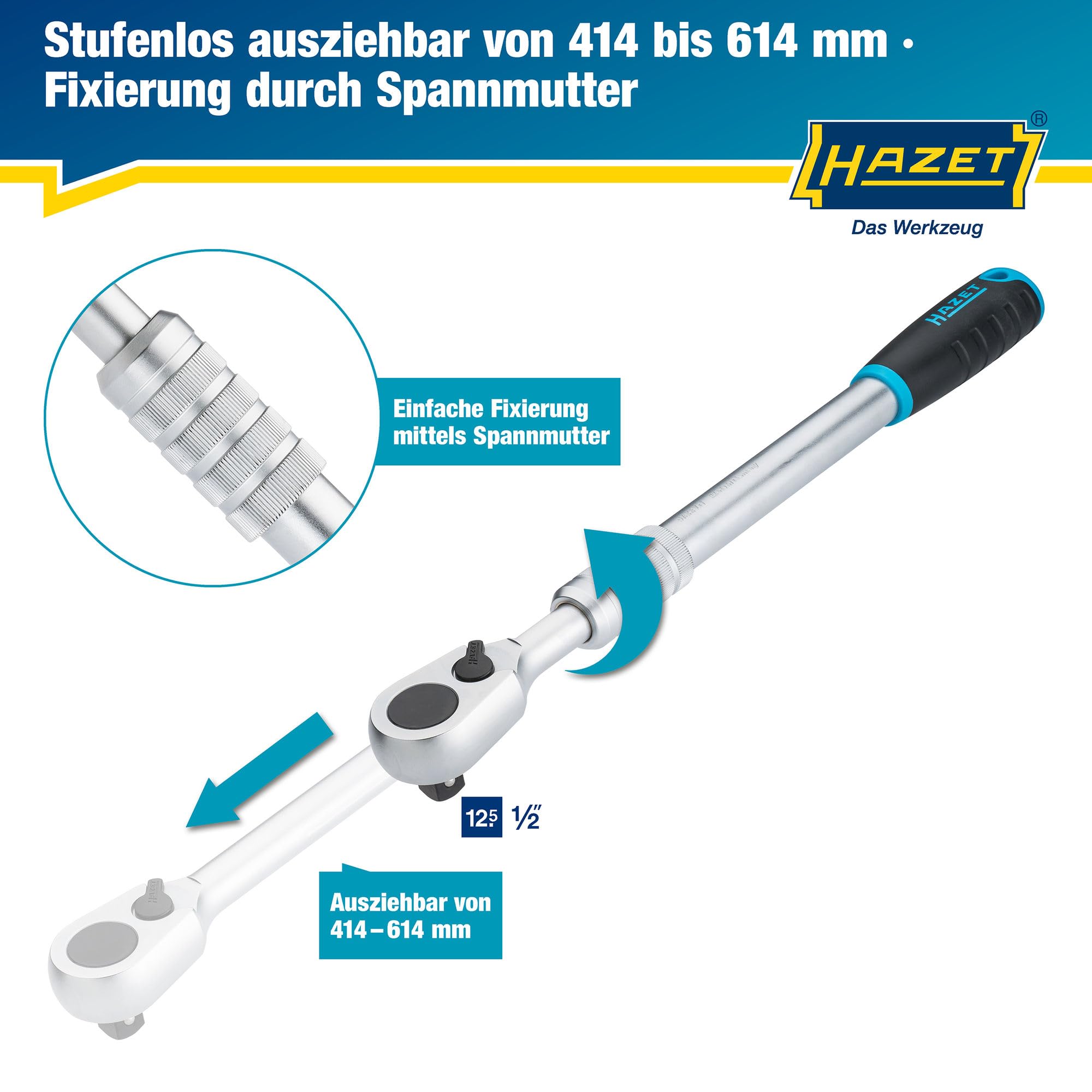Hazet HiPer Feinzahn-Umschaltknarre, ausziehbar 916HPLG, Chrom-Vanadium