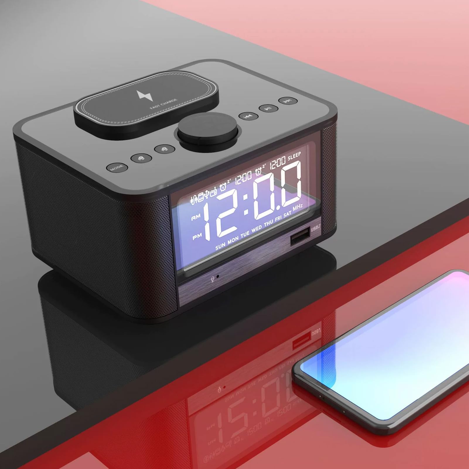 Goshyda Altavoz Bluetooth con Carga Inalámbrica, Radio Despertador para Dormitorios, Reloj Digital Regulable con Estación de Carga de Radio FM, Tarjeta de Memoria y Reproducción (Enchufe de la UE)