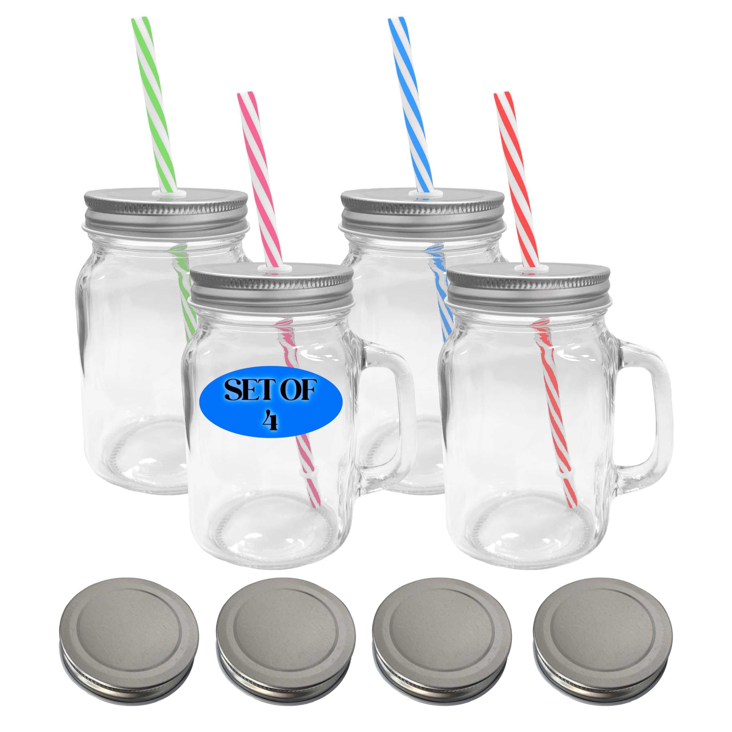 Friday Feeling 16oz Glass Mason Jar Mug with Handle, Metal Lid and Striped Straw, Beverage Container (4)
