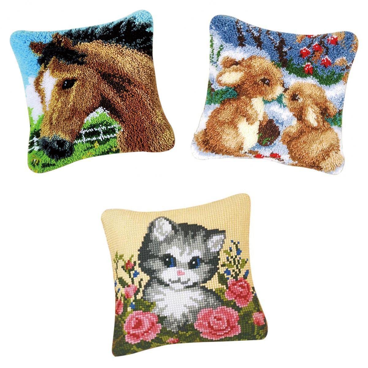 CALANDIS™ 3 Sets Animals Latch Hook Kits for Kids DIY Pillow Cover Sofa Cushion Cover | Latch Hooking Kits | Latch Hooking | Rug Making | Needlecrafts & Yarn