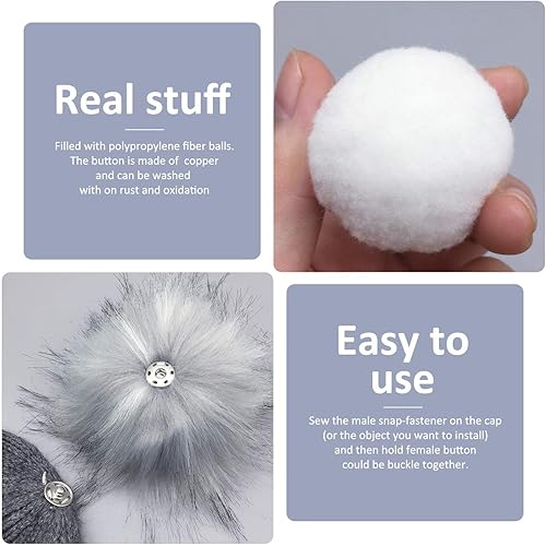 Miniatura 5 de Furryvalley Pompón de piel sintética, 6 unidades, manualidades, bolas esponjosas para sombrero, zapatos, bufandas con cierre a presión, sombrero de