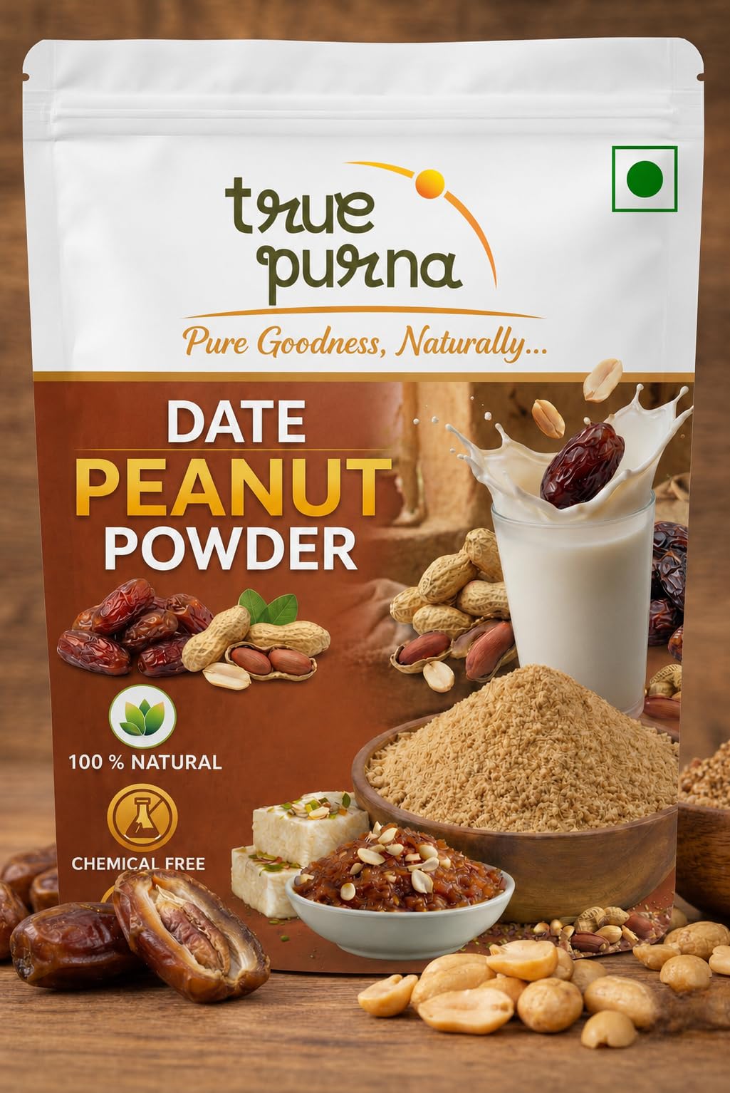 True-Purna Dates Peanut Powder 1 kg | 100% Natural Sweetener & Nutrition Mix | No Added Sugar & Gluten Free Nutrition Blend 3