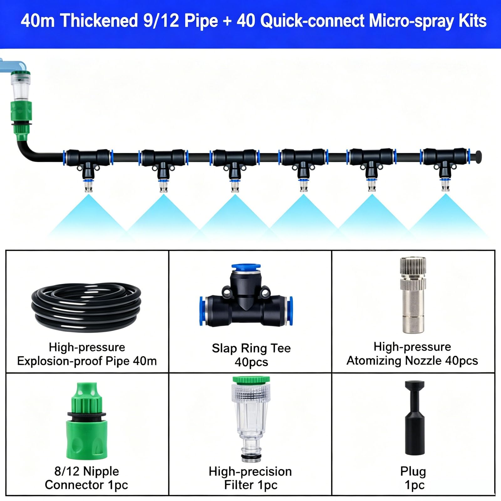 Ugelli per irrigazione a goccia, ugello nebulizzatore in ottone connessione rapida Ugello rame Spruzzatore Micro Sprinkler Sistema di raffreddame nero 40m 912 pipe + 40 sets of quick-connect fittings